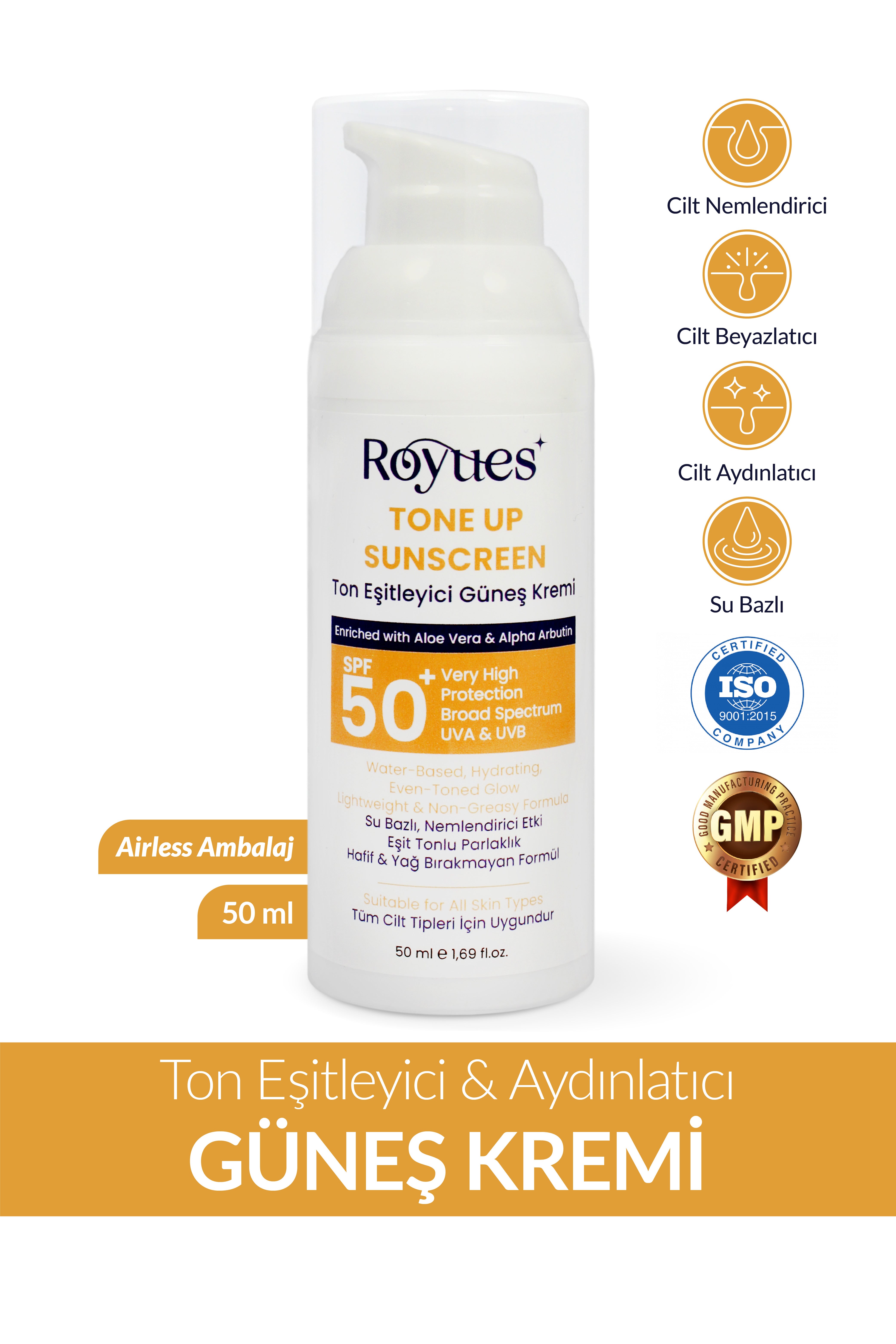 ROYUES Cilt Tonu Eşitleyici Yenileyici Güneş Kremi SPF50+ Cilt Bariyeri Onarıcı, Nemlendirici, 50ml