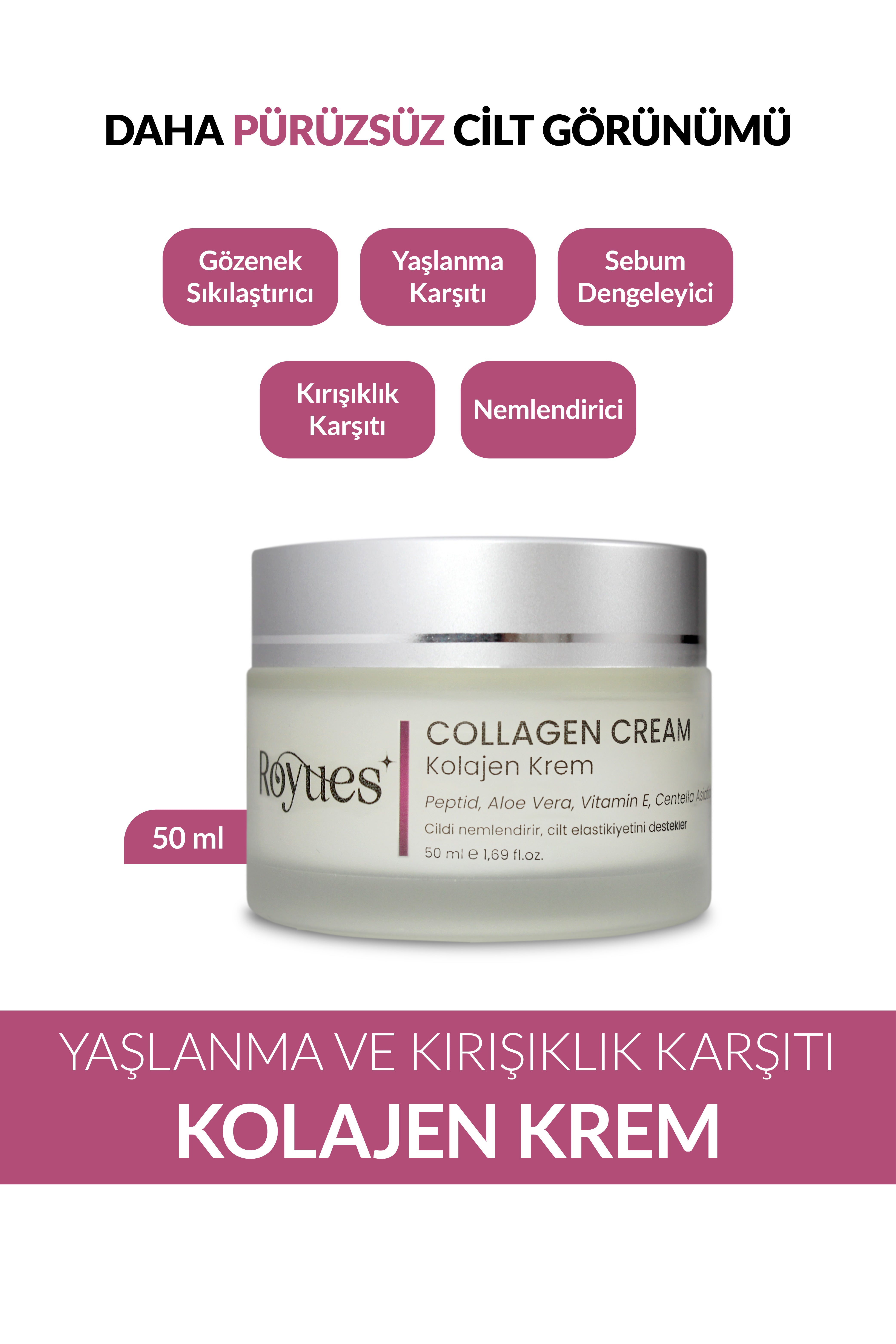 ROYUES Kolajen Krem, Nemlendirici, Yaşlanma Karşıtı Peptid Cilt Bakım Kremi, Collagen Cream 50 ml