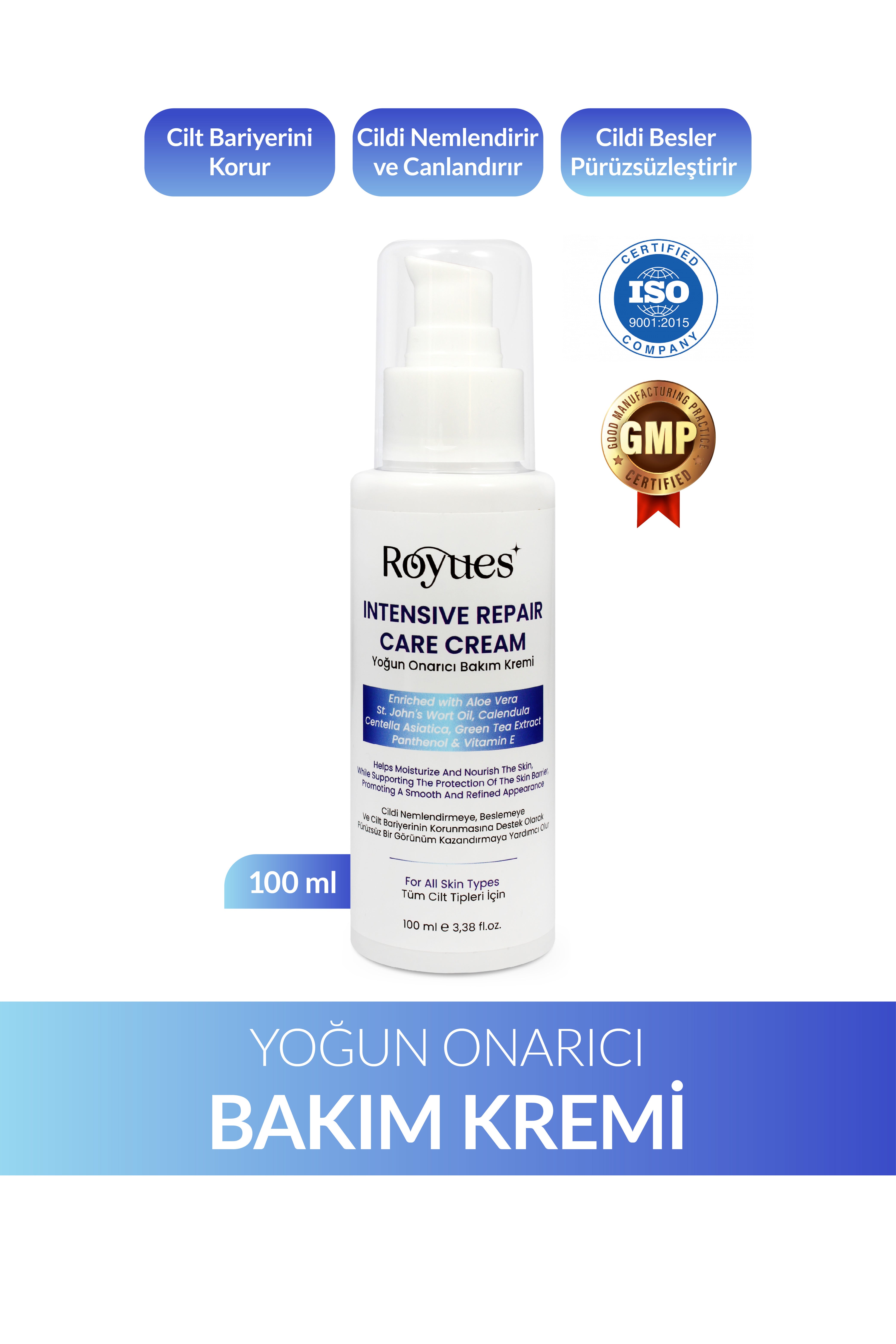 ROYUES Cica Krem Yoğun Nemlendirici ve Onarıcı Cilt Bakım Kremi, Intensive Repair Care Cream 100 ml
