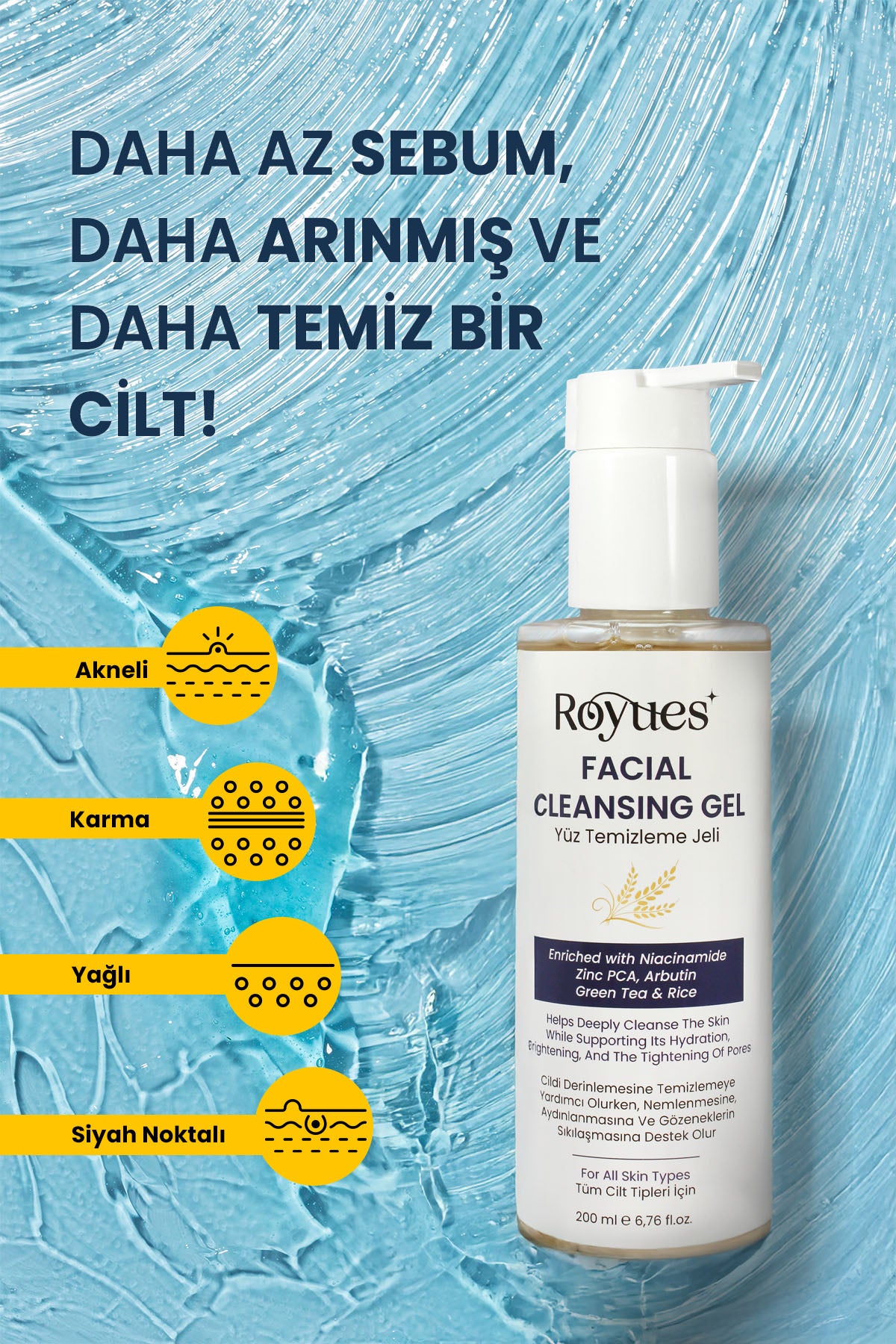 ROYUES Yeşil Çay Özlü Yüz Temizleme Jeli, Canlandırıcı, Nemlendirici, Arındırıcı, Facial Cleasing Gel 200ml