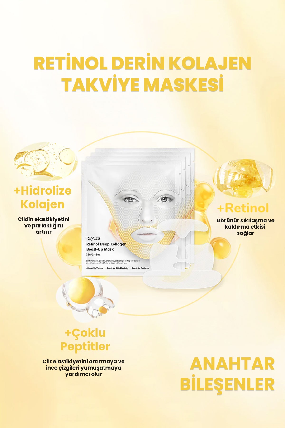 Royues Koec Retinol Kolajen Lifting Etkili Yüz Maskesi, Çene, Gıdı Lifting Sıkılaştırıcı Kırışıklık Karşıtı