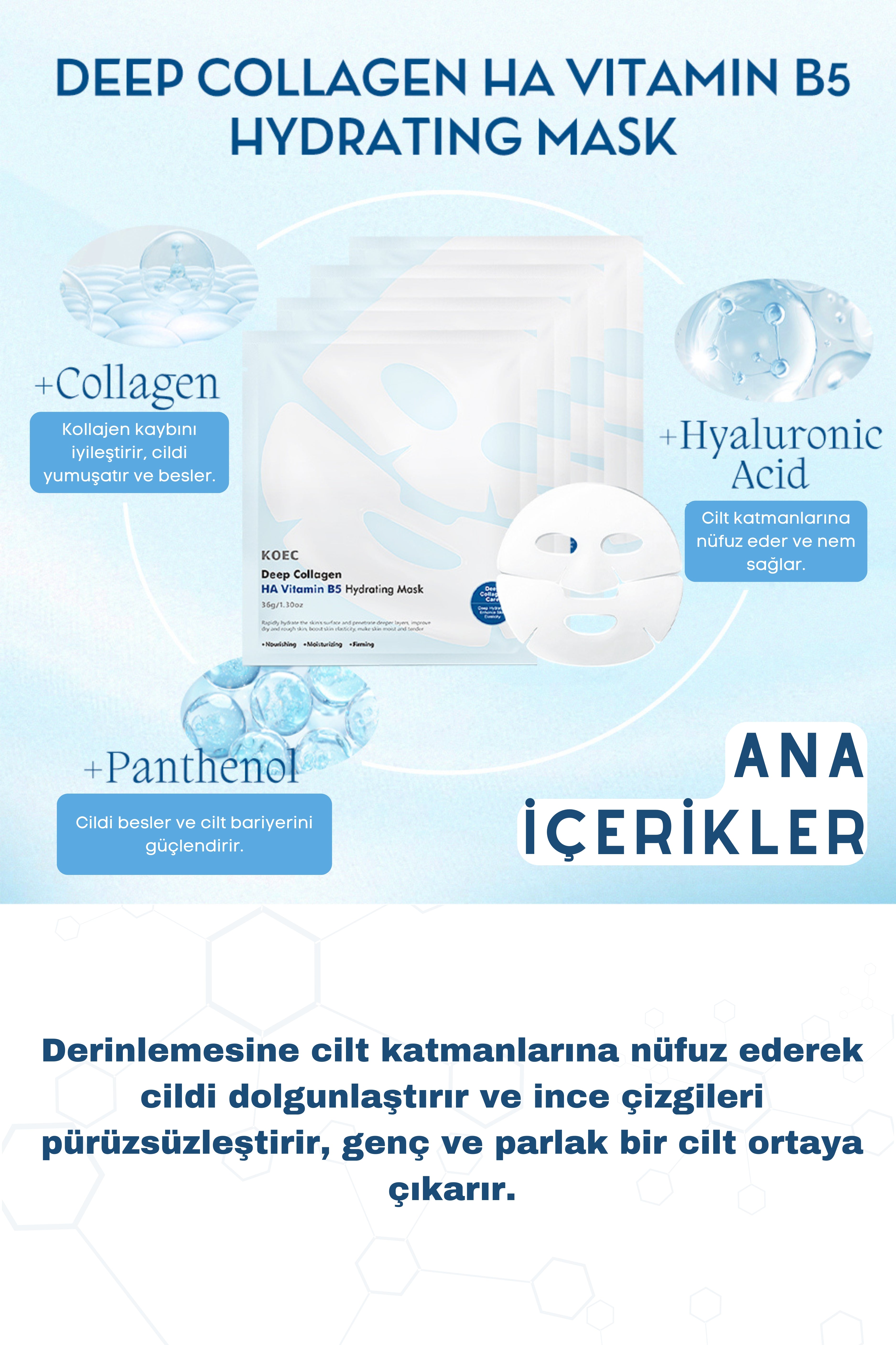 KOEC Bio Kolajen Şeffaflaşan Doğal Cilt Maskesi Anında Parlaklık Nemlendirme Kore Maske HA Vitamin B5 4ad