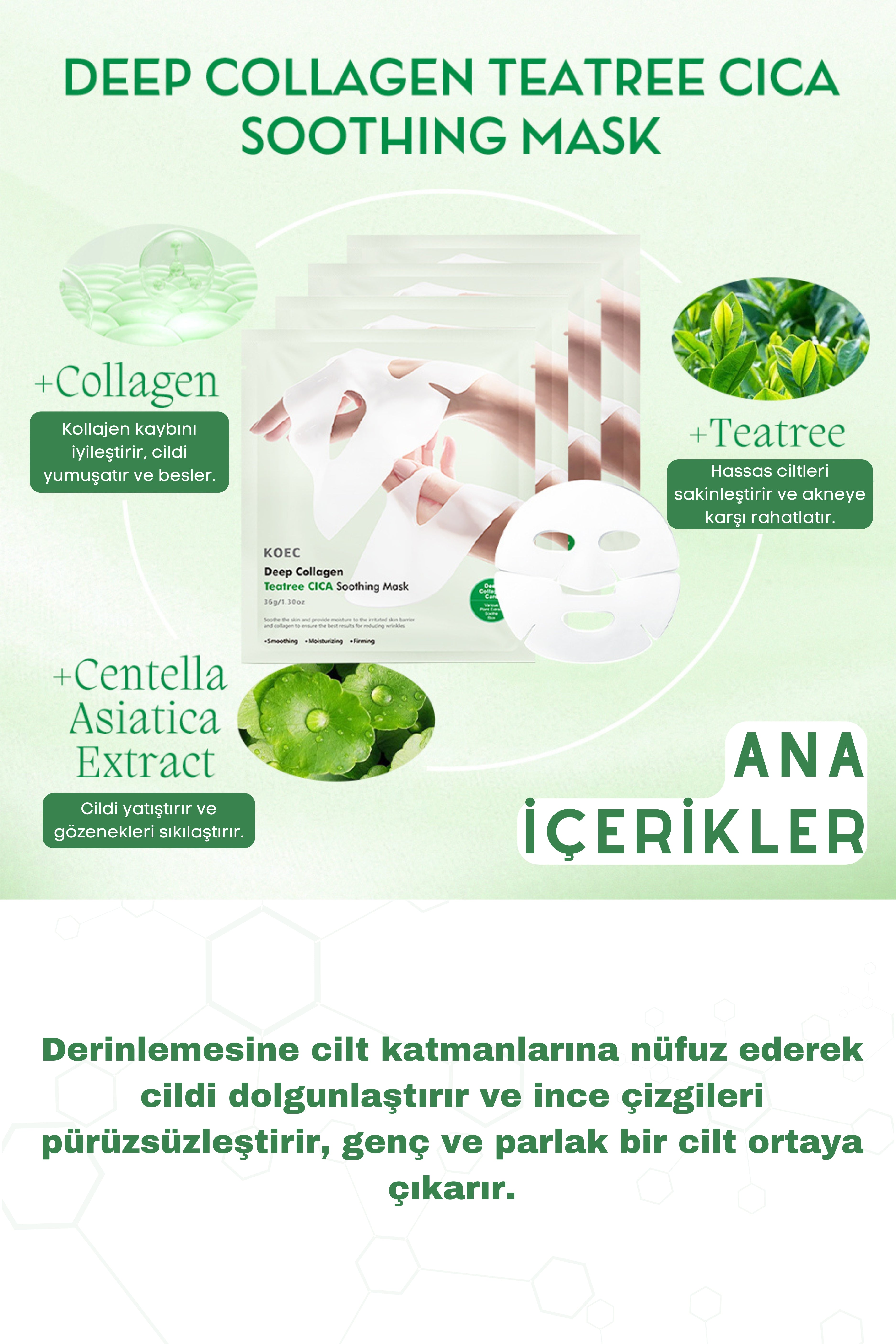 KOEC Bio Kolajen Şeffaflaşan Doğal Cilt Kore Maskesi Cilt Yatıştırıcı Akne Karşıtı -Teatree CICA Soothing
