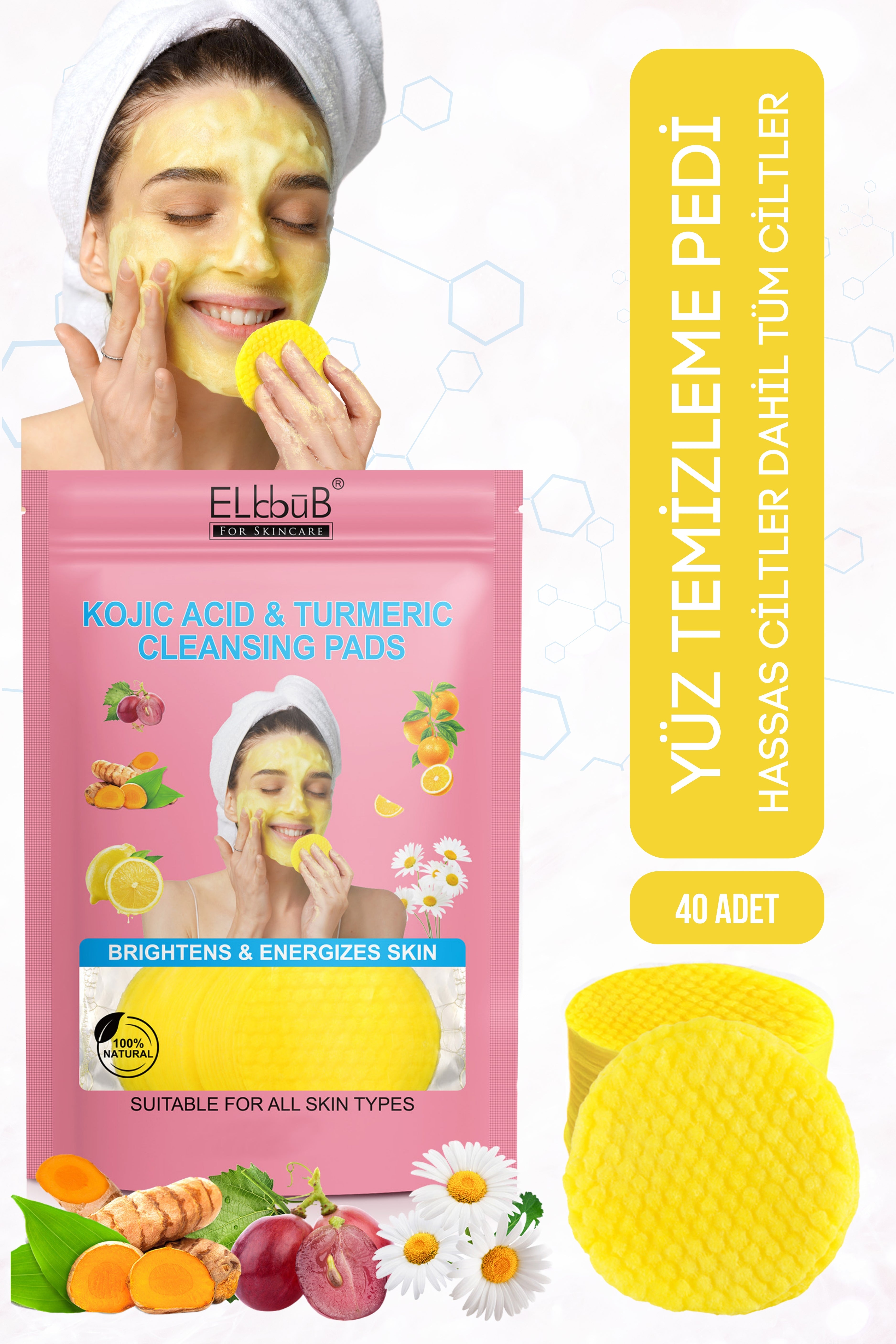 elbbub Leke Karşıtı Kojik Asit Zerdeçal Yüz Temizleme Pedi Derinlemesine Temizlik Tüm Ciltlere Uygun 40Adet