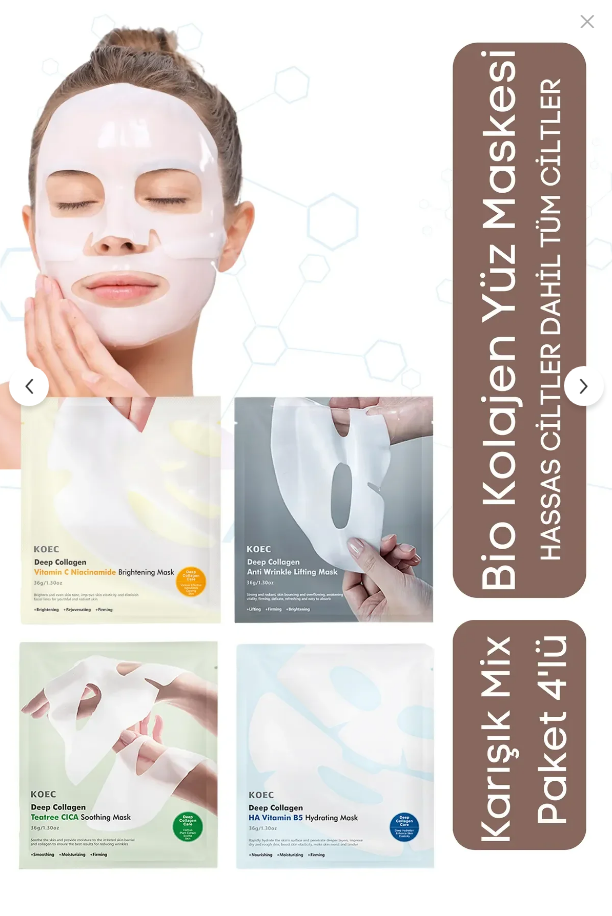 KOEC Bio Deep Kolajen Şeffaflaşan Yüz Maske Seti Kore Güzelliği ve Cilt Bakımı Parlaklık Nemlendirme 4'lü