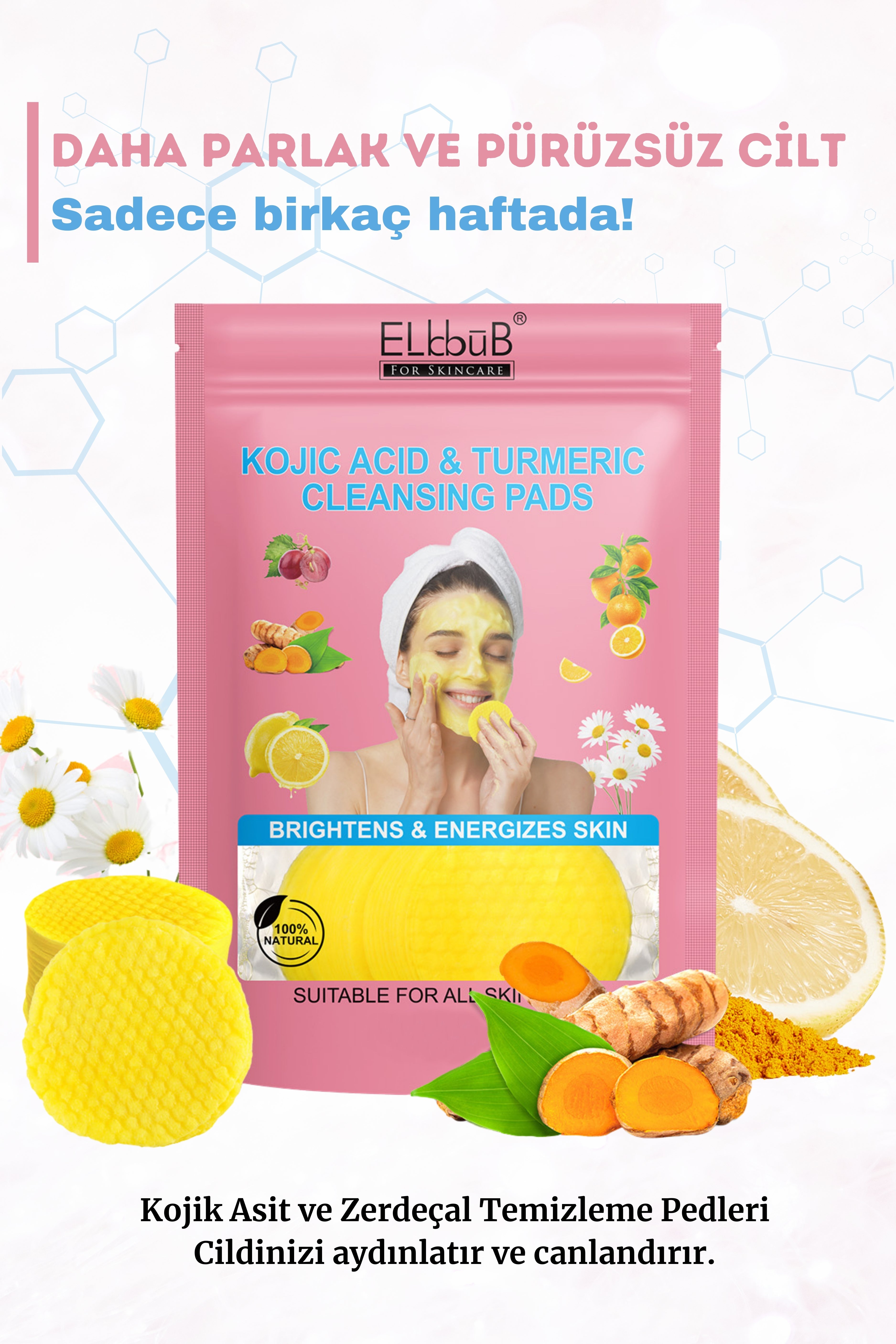elbbub Leke Karşıtı Kojik Asit Zerdeçal Yüz Temizleme Pedi Derinlemesine Temizlik Tüm Ciltlere Uygun 40Adet