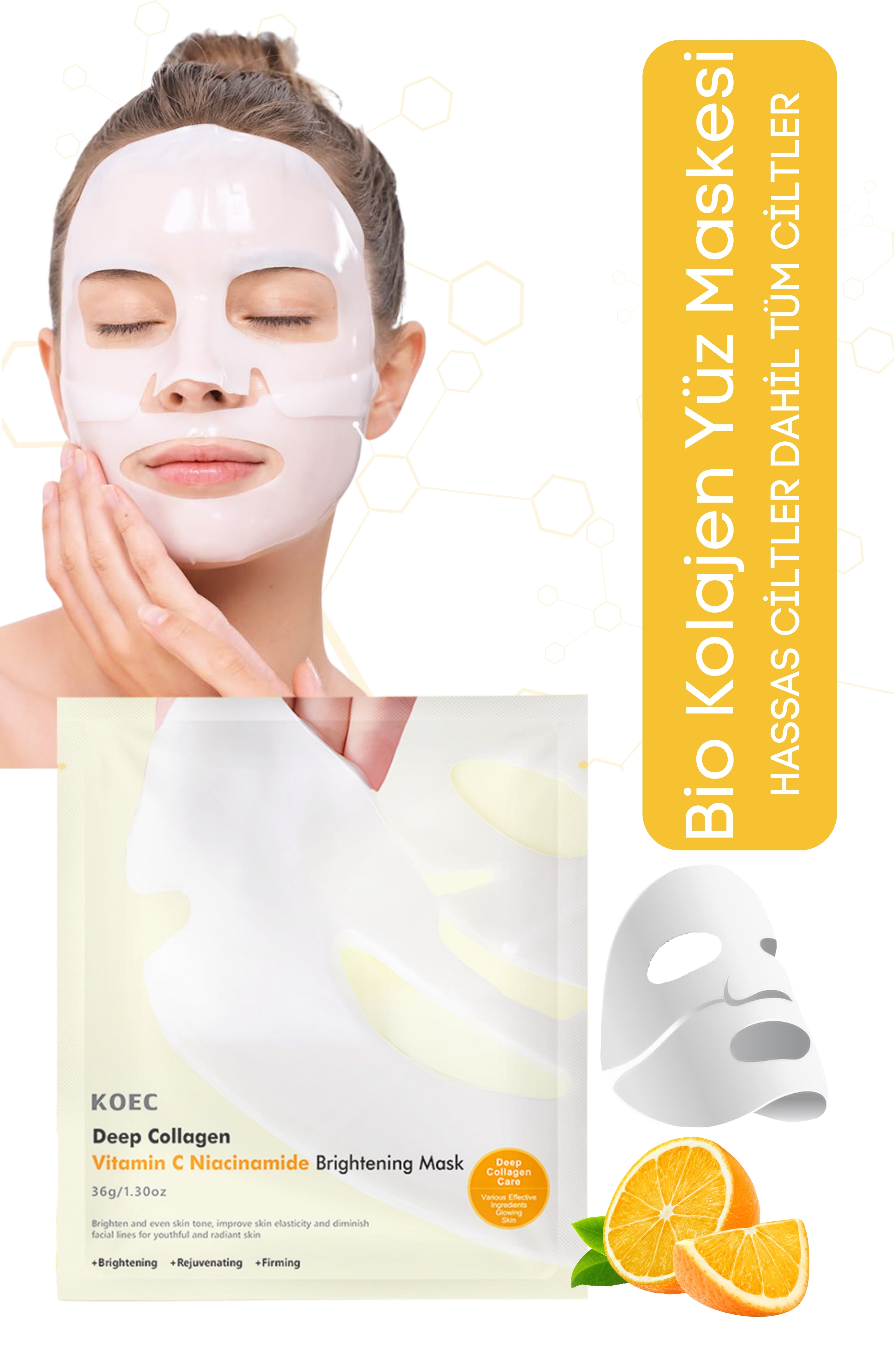 KOEC Bio Kolajen Şeffaflaşan Doğal Cilt Kore Maskesi Anında Parlaklık Nemlendirme - C Vitamin Niacinamide
