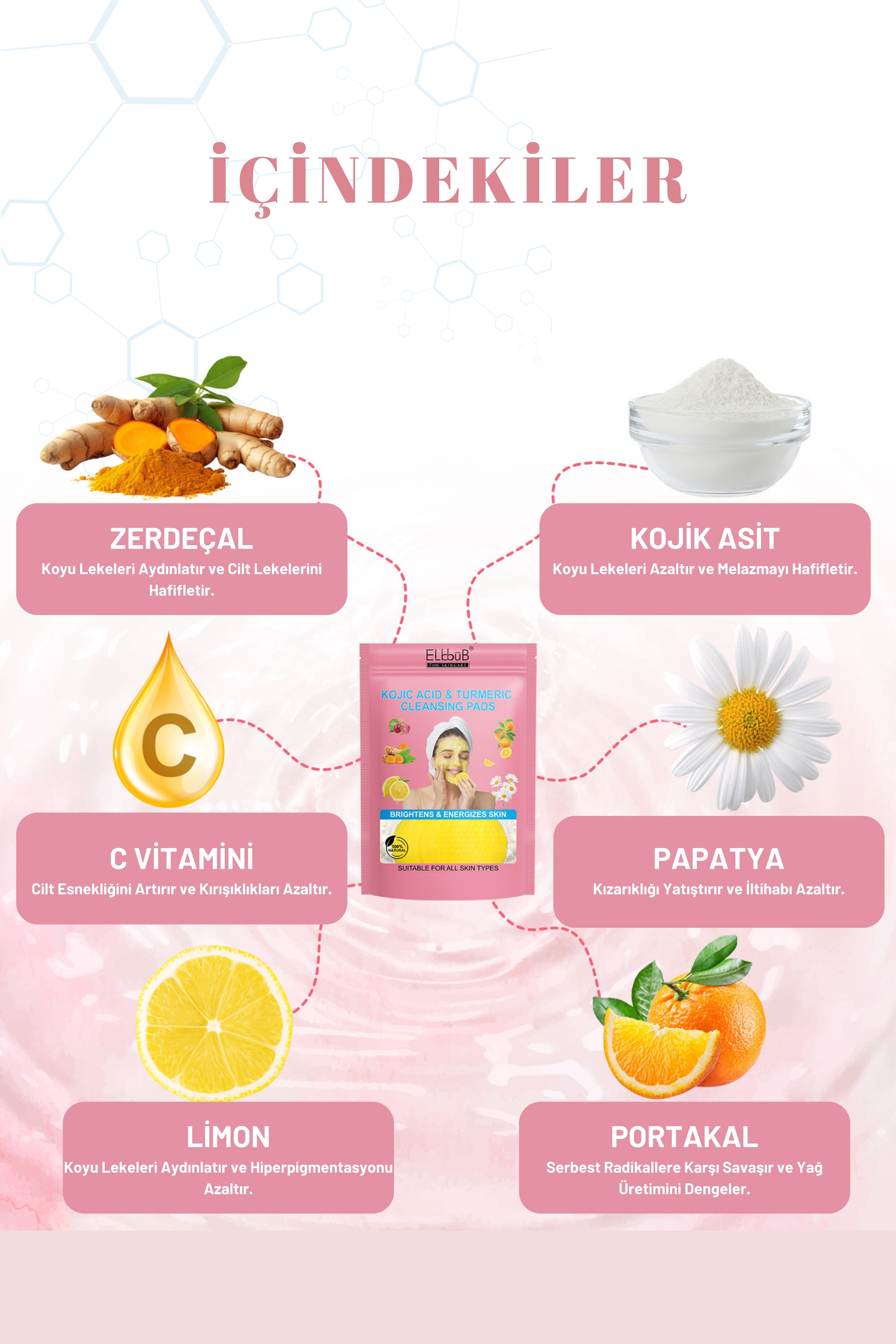 elbbub Leke Karşıtı Kojik Asit Zerdeçal Yüz Temizleme Pedi Derinlemesine Temizlik Tüm Ciltlere Uygun 40Adet
