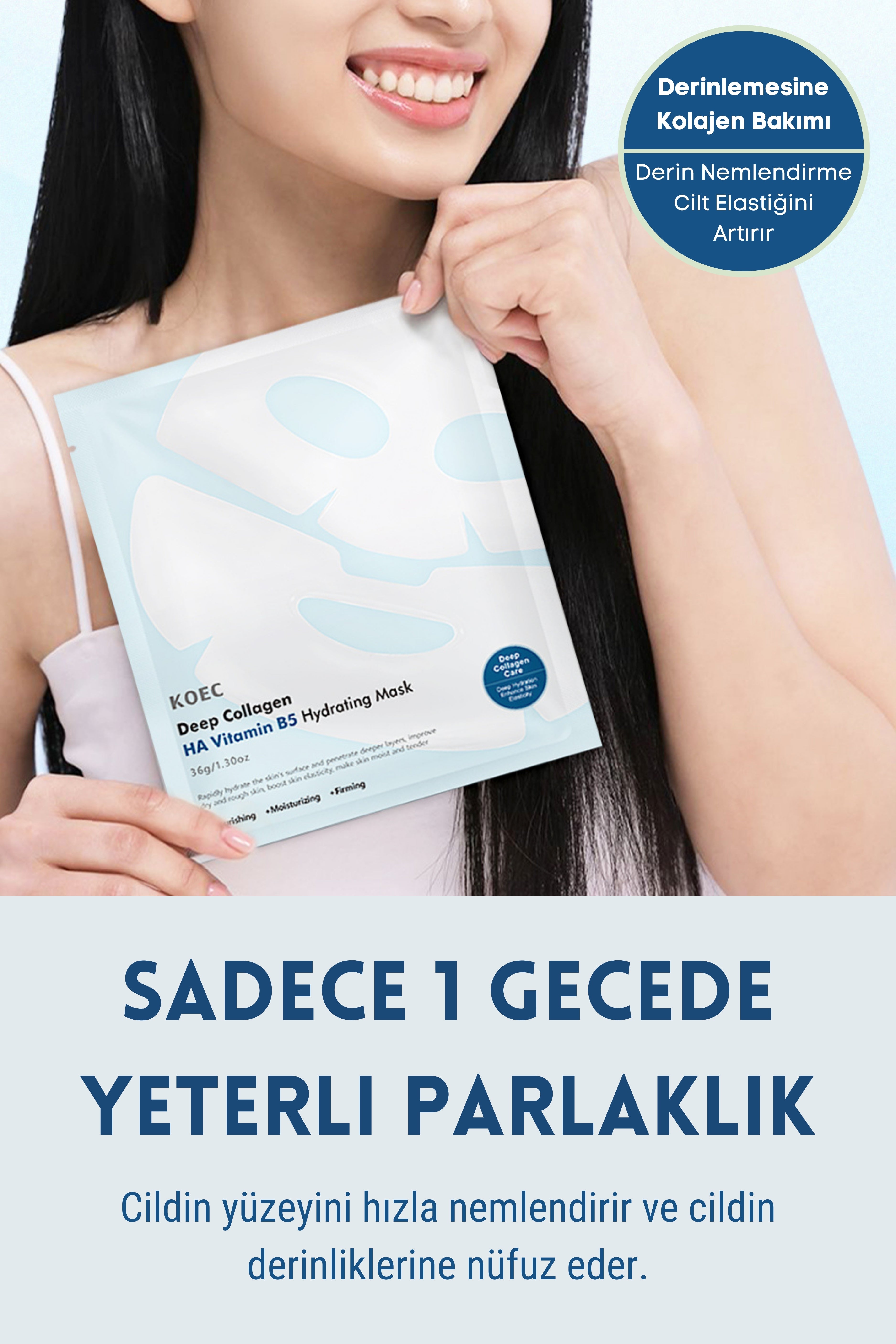 KOEC Bio Kolajen Şeffaflaşan Doğal Cilt Maskesi Anında Parlaklık ve Nemlendirme Kore Maske HA Vitamin B5