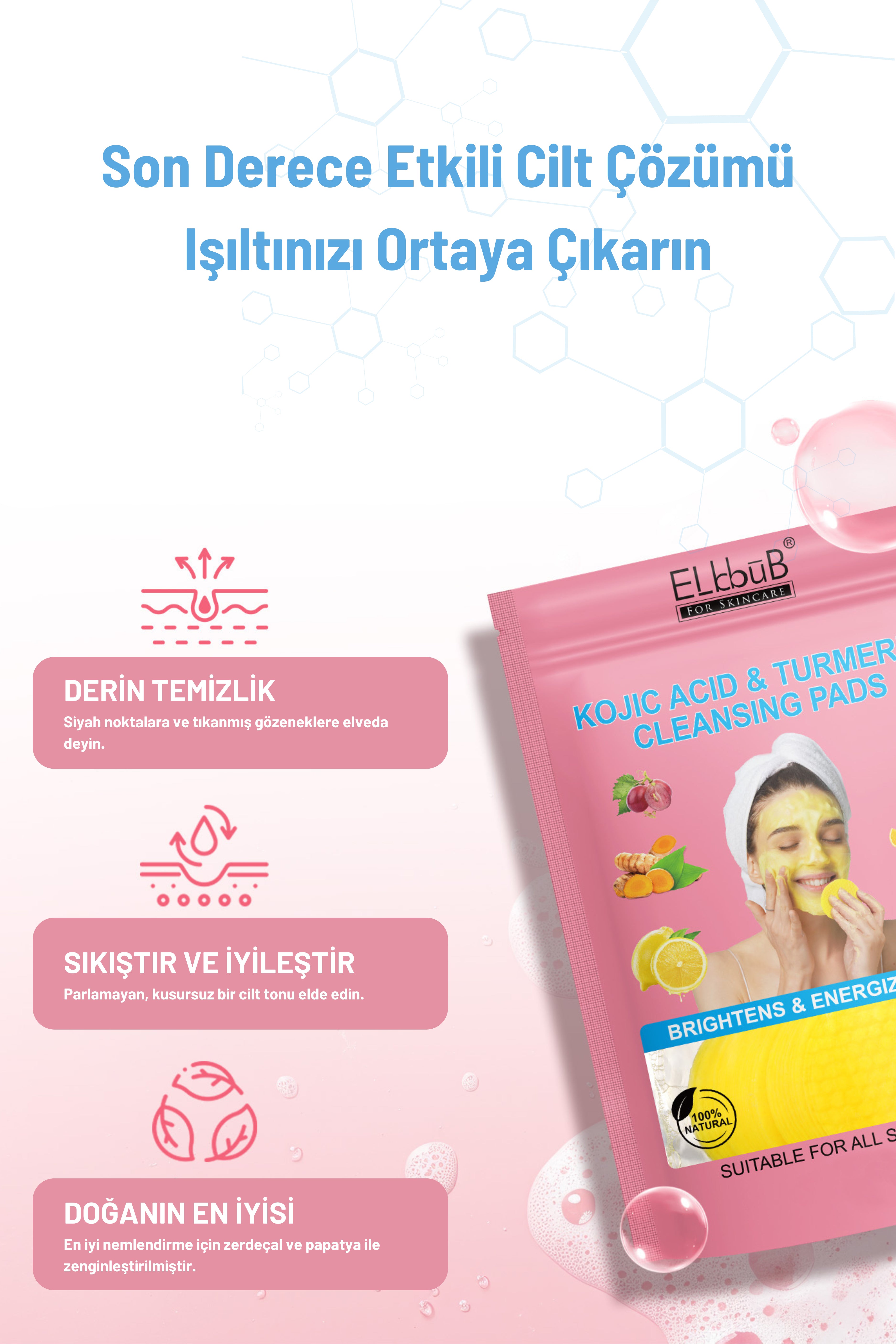 elbbub Leke Karşıtı Kojik Asit Zerdeçal Yüz Temizleme Pedi Derinlemesine Temizlik Tüm Ciltlere Uygun 40Adet