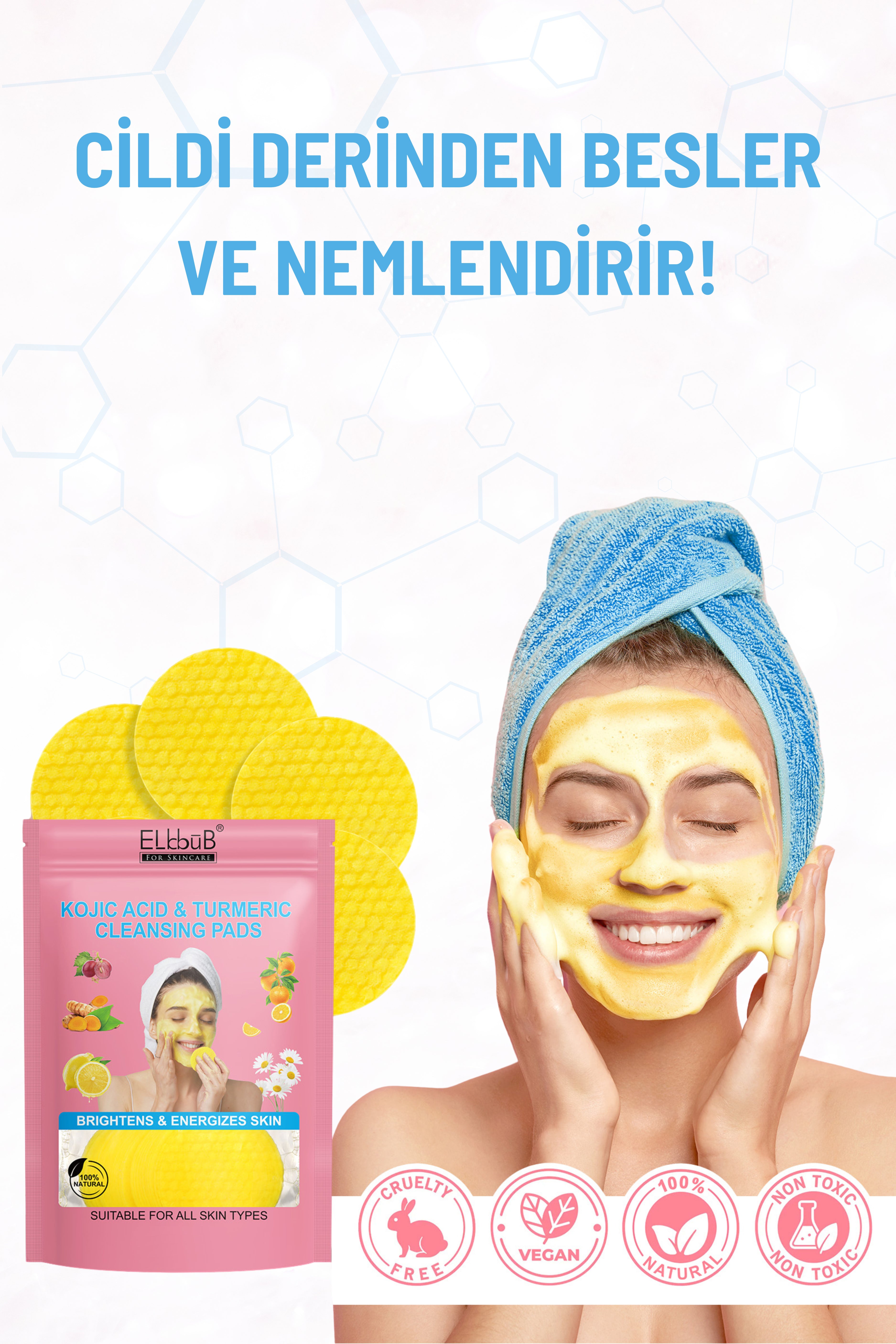 elbbub Leke Karşıtı Kojik Asit Zerdeçal Yüz Temizleme Pedi Derinlemesine Temizlik Tüm Ciltlere Uygun 40Adet