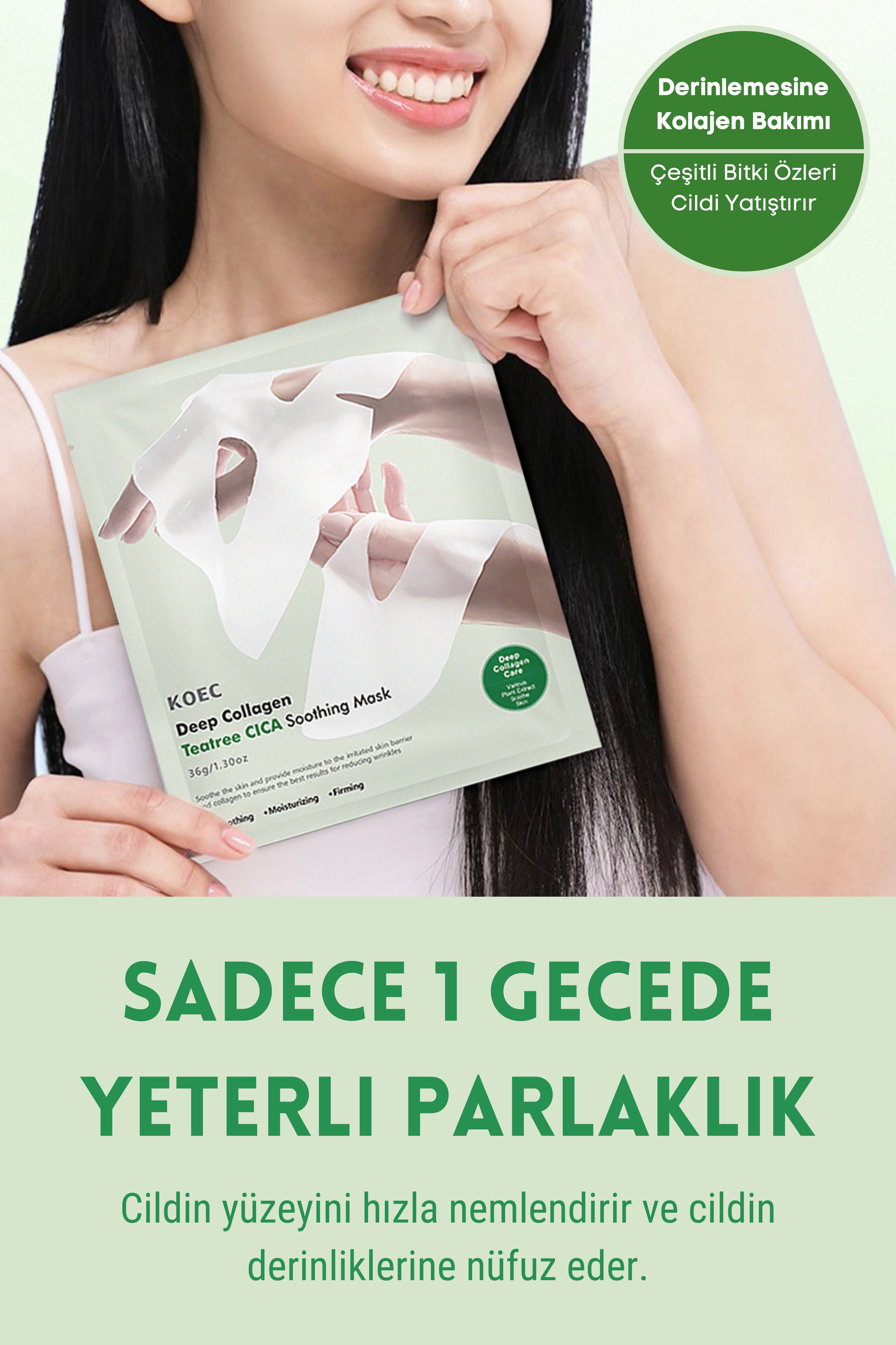 KOEC Bio Kolajen Şeffaflaşan Doğal Cilt Kore Maskesi Cilt Yatıştırıcı Akne Karşıtı -Teatree CICA Soothing