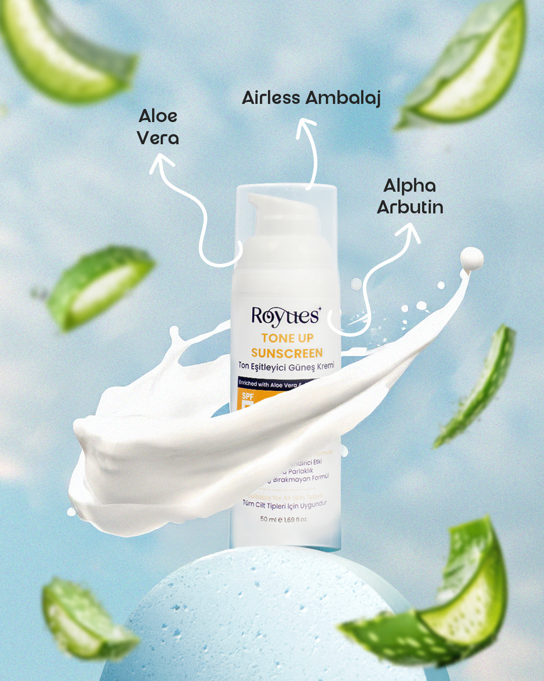 ROYUES Cilt Tonu Eşitleyici Yenileyici Güneş Kremi SPF50+ Cilt Bariyeri Onarıcı, Nemlendirici, 50ml