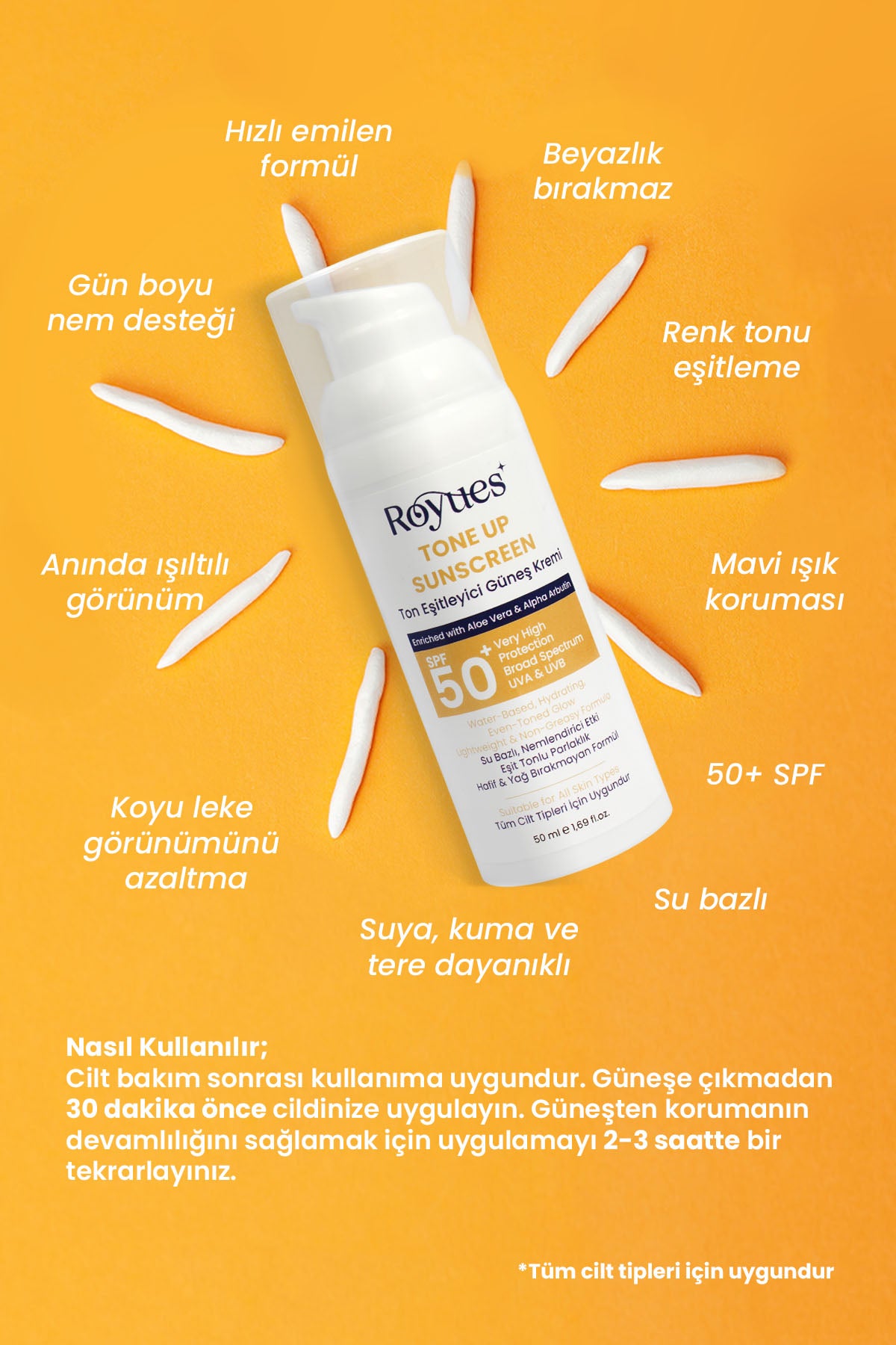 ROYUES Cilt Tonu Eşitleyici Yenileyici Güneş Kremi SPF50+ Cilt Bariyeri Onarıcı, Nemlendirici, 50ml