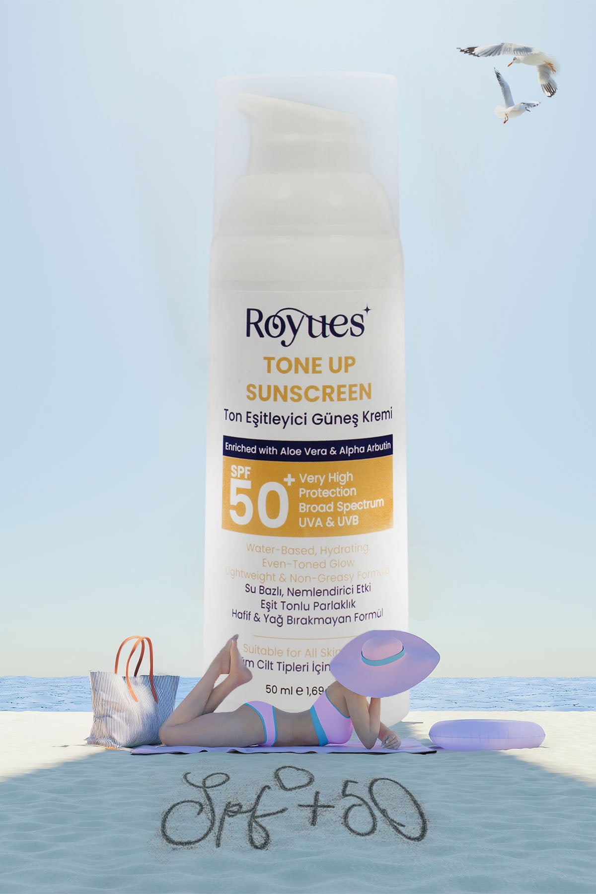 ROYUES Cilt Tonu Eşitleyici Yenileyici Güneş Kremi SPF50+ Cilt Bariyeri Onarıcı, Nemlendirici, 50ml