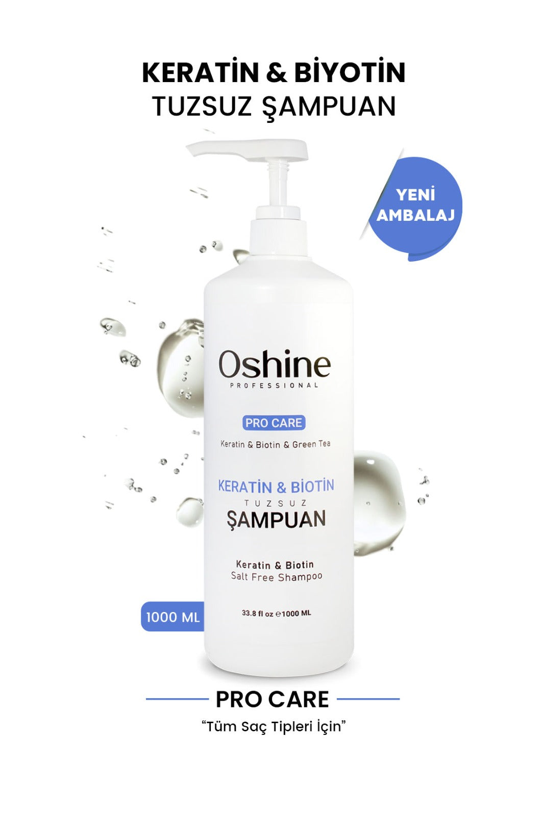 Oshine Professional Tuzsuz Keratin & Biotin Şampuanı, Keratin & Biotin Salt Free Shampoo, 1000ml