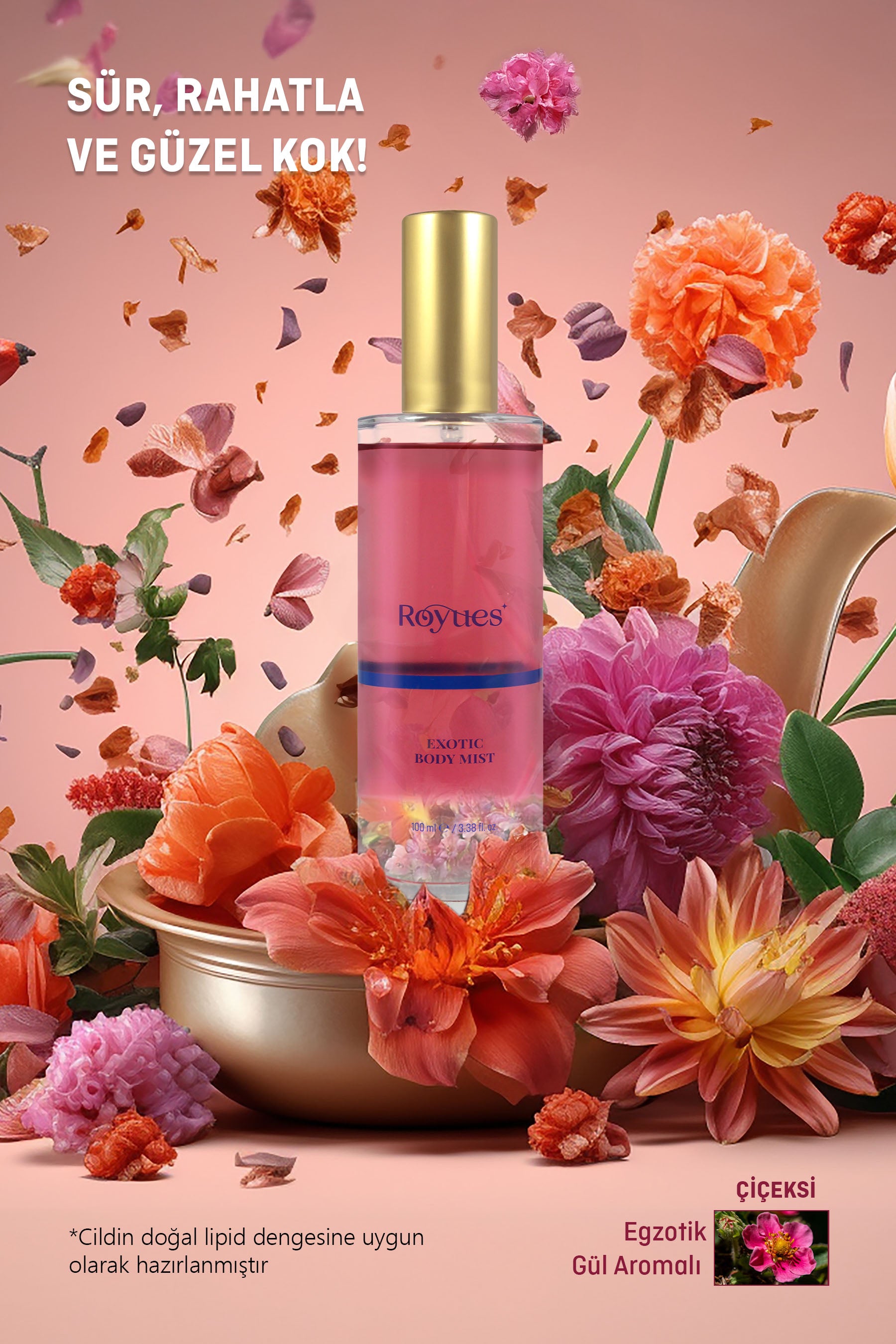 ROYUES Body Mist Egzotik Gül Aromalı Vücut Spreyi Kadın Vücut Kokusu Vücut Misti Body Mist Spray 100ml