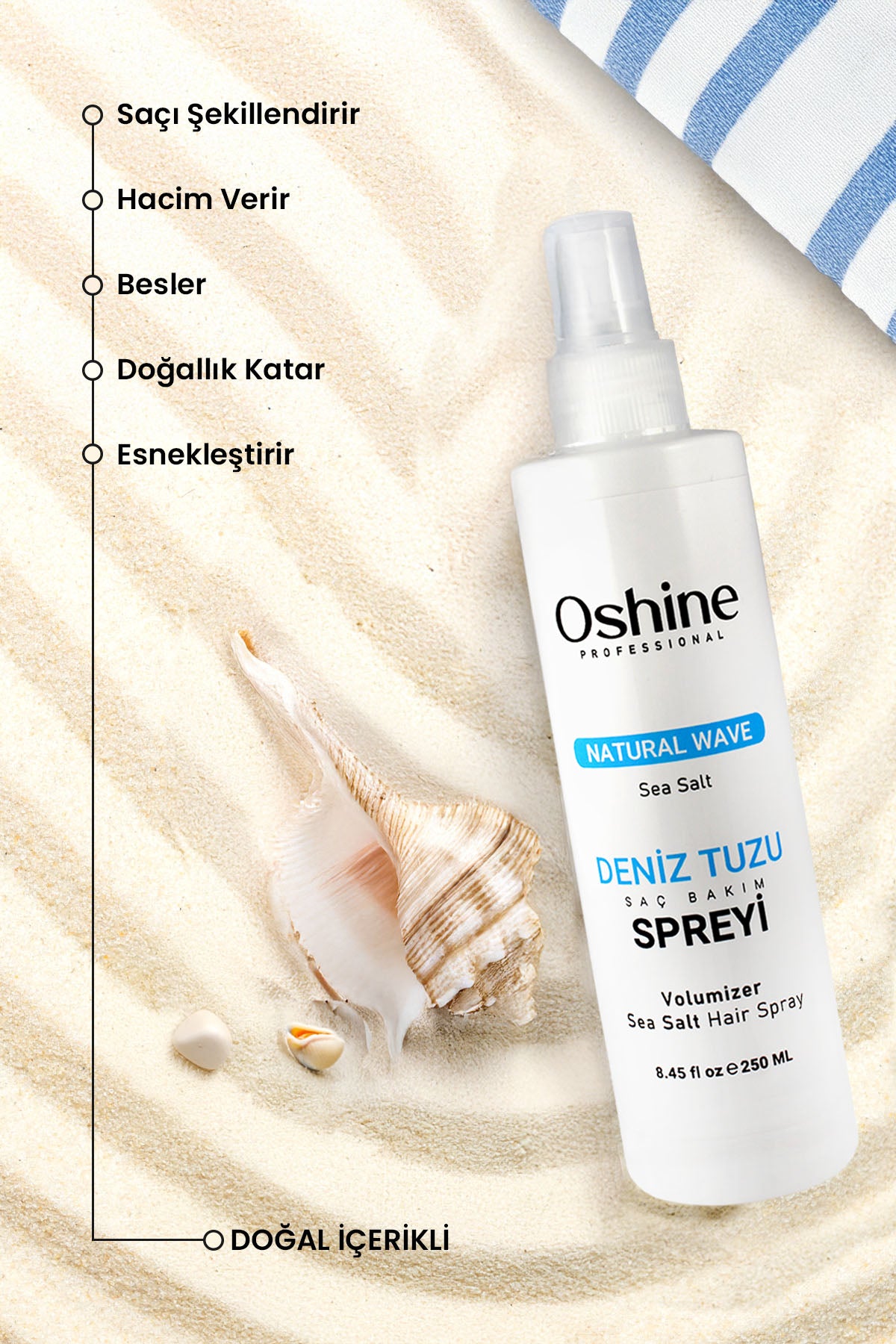 Oshine Professional Onarıcı Hacim Ve Dolgunluk Etkili Deniz Tuzu Saç Spreyi, Volumizer Sea Salt Hair Sprey, 250 ml