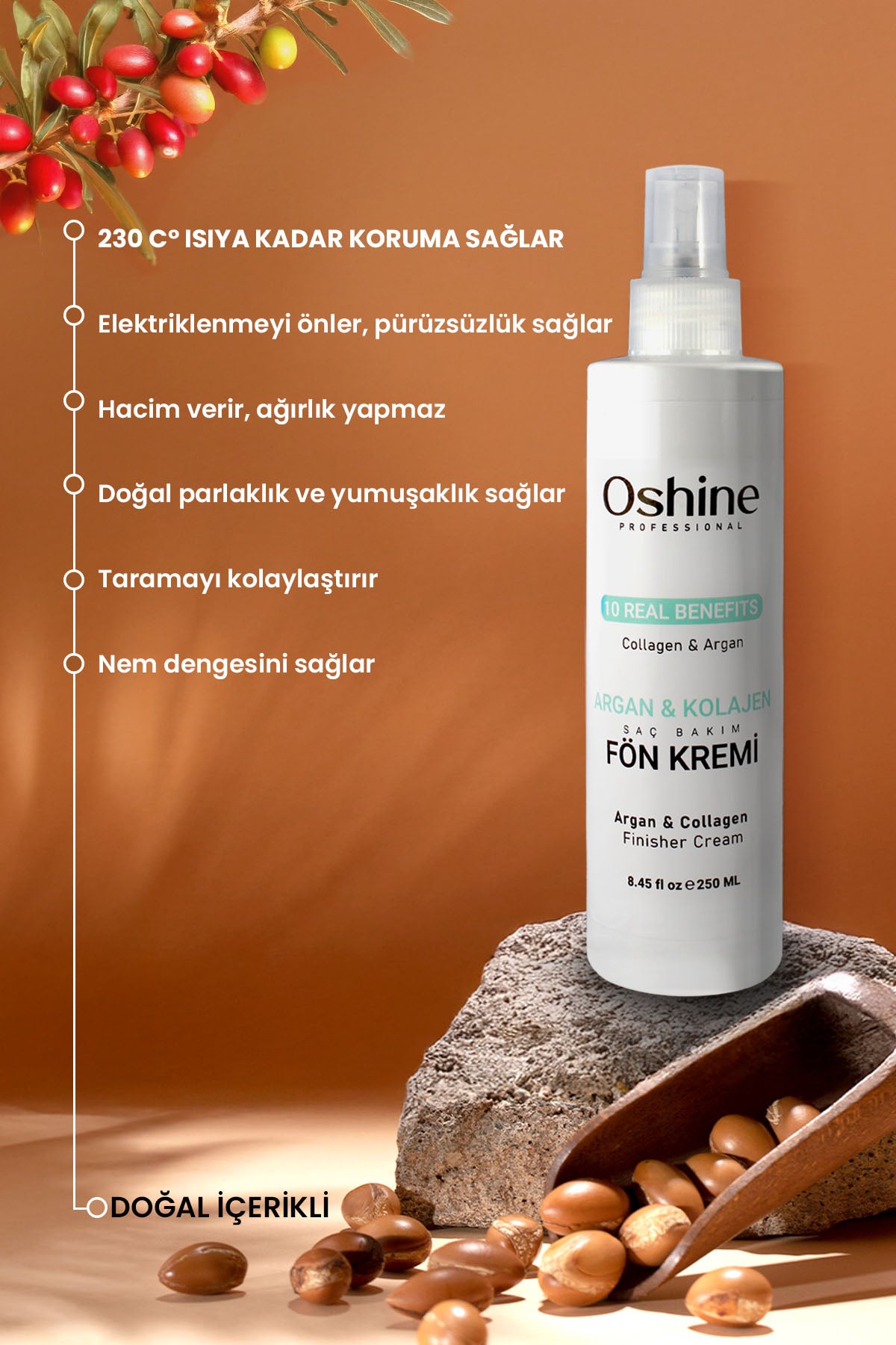 Oshine Professional Isıya Karşı Koruyucu Yenileyici Argan & Saç Bakım Spreyi, Argan & Collagen Finisher Cream, 250ml