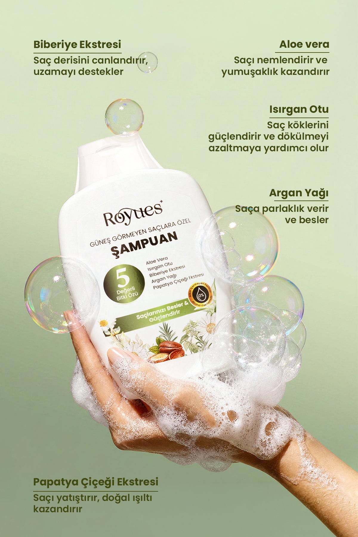 ROYUES Argan Yağlı Besleyici Sülfatsız Şampuan - Güneş Görmeyen Saçlar İçin Şampuan - 5 Bitki Özlü