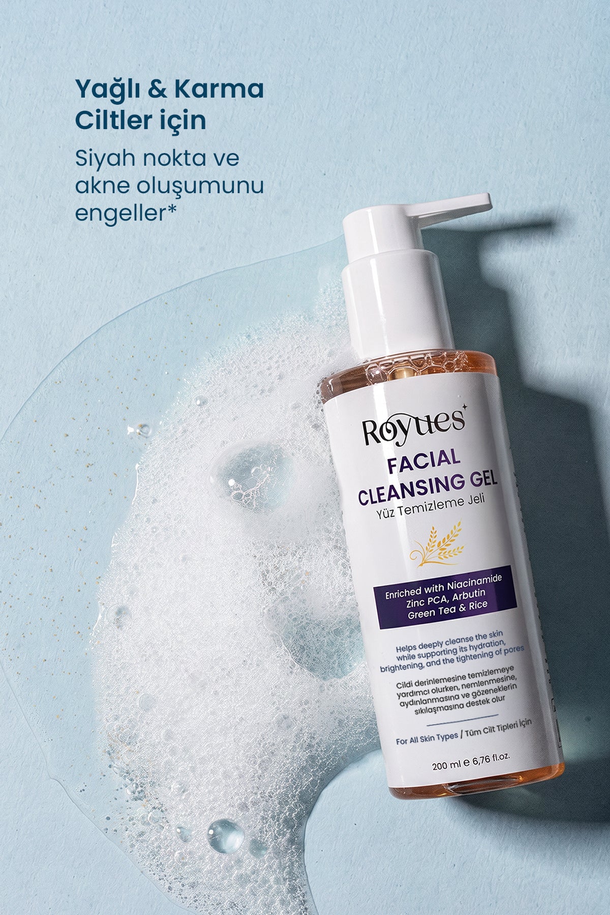 ROYUES Yeşil Çay Özlü Yüz Temizleme Jeli, Canlandırıcı, Nemlendirici, Arındırıcı, Facial Cleasing Gel 200ml