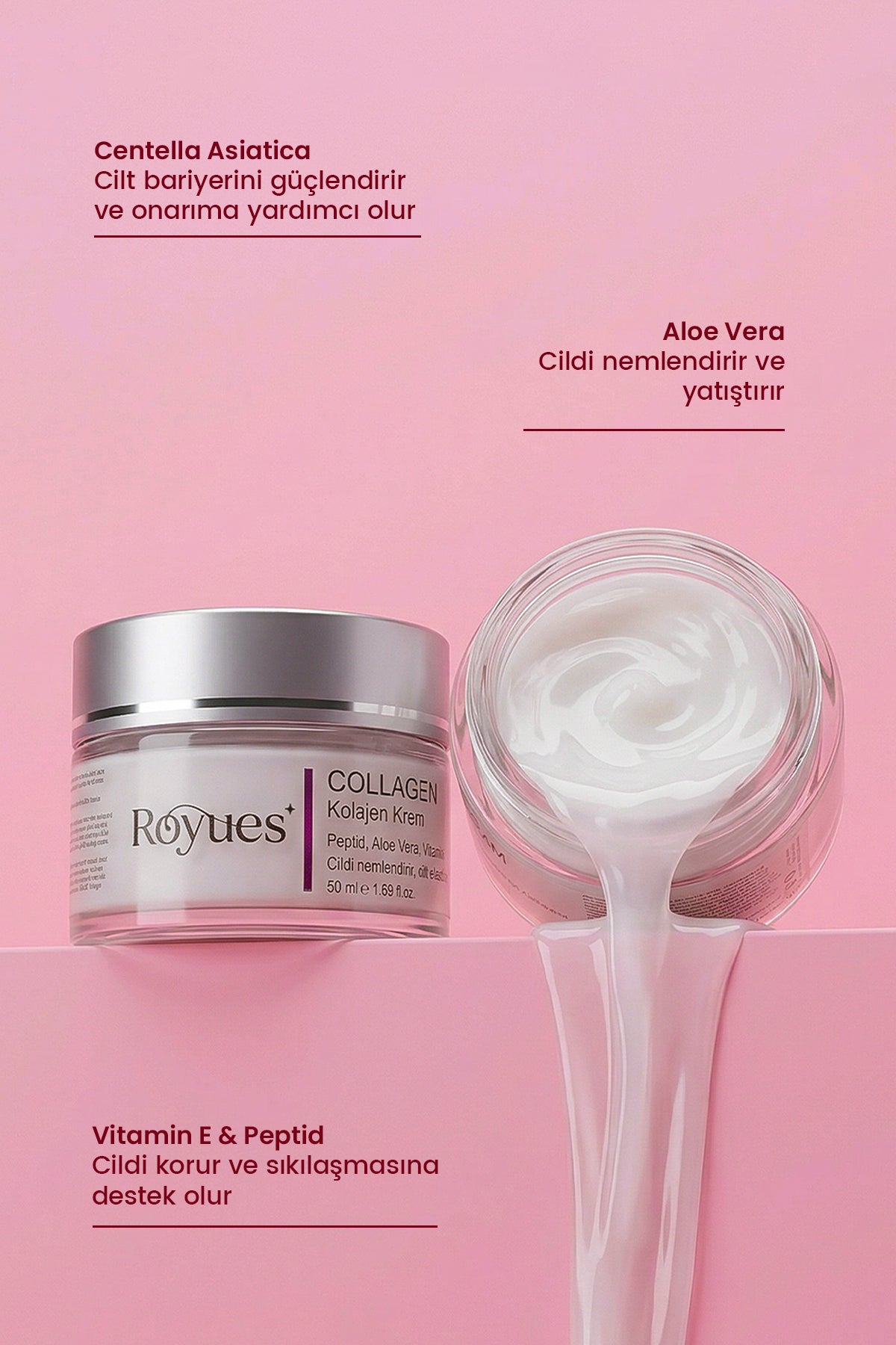 ROYUES Kolajen Krem, Nemlendirici, Yaşlanma Karşıtı Peptid Cilt Bakım Kremi, Collagen Cream 50 ml