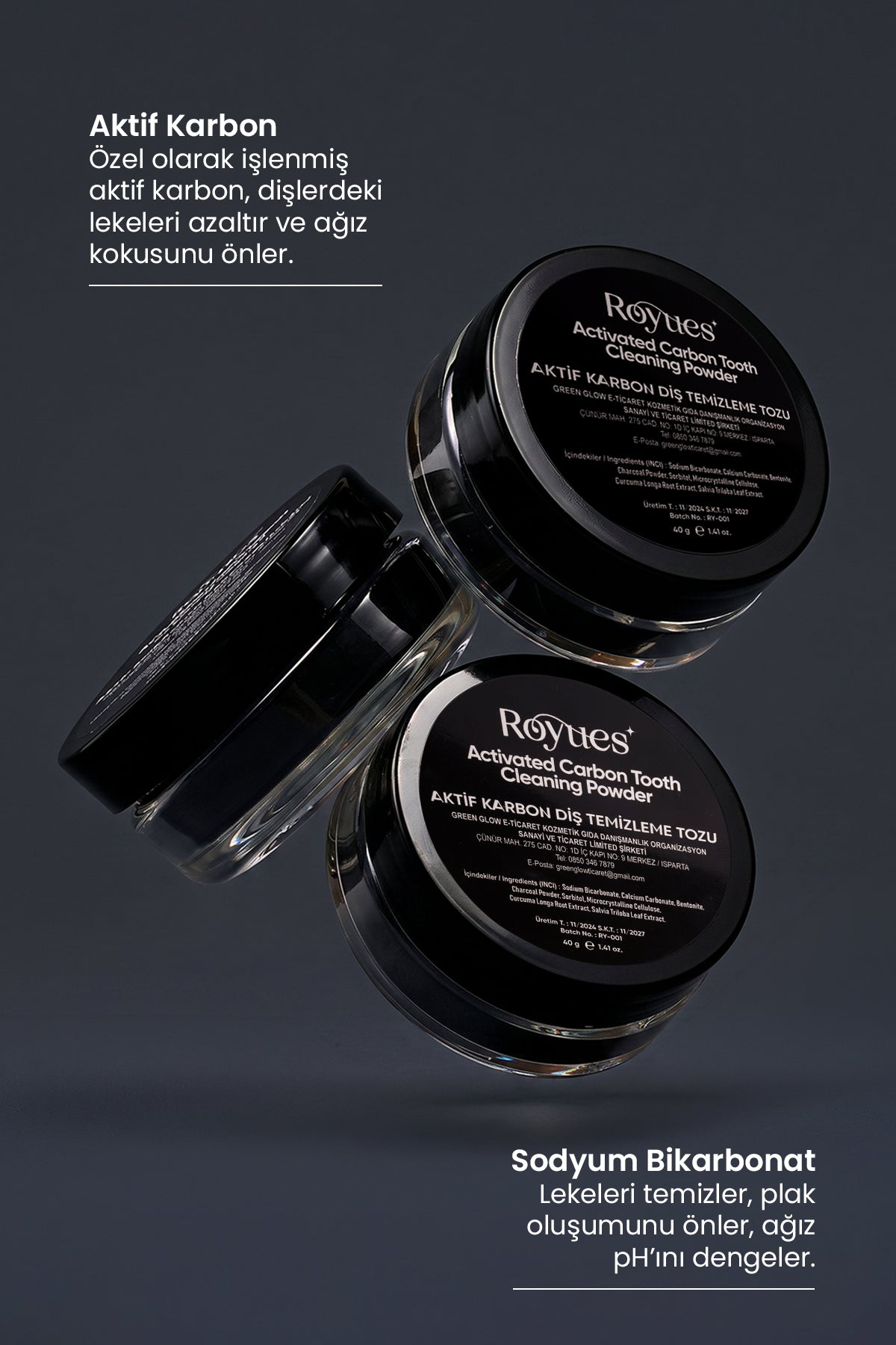 ROYUES Diş Beyazlatma Tozu - Siyah Aktif Karbon Diş Tozu - Activated Teeth Whitening Powder