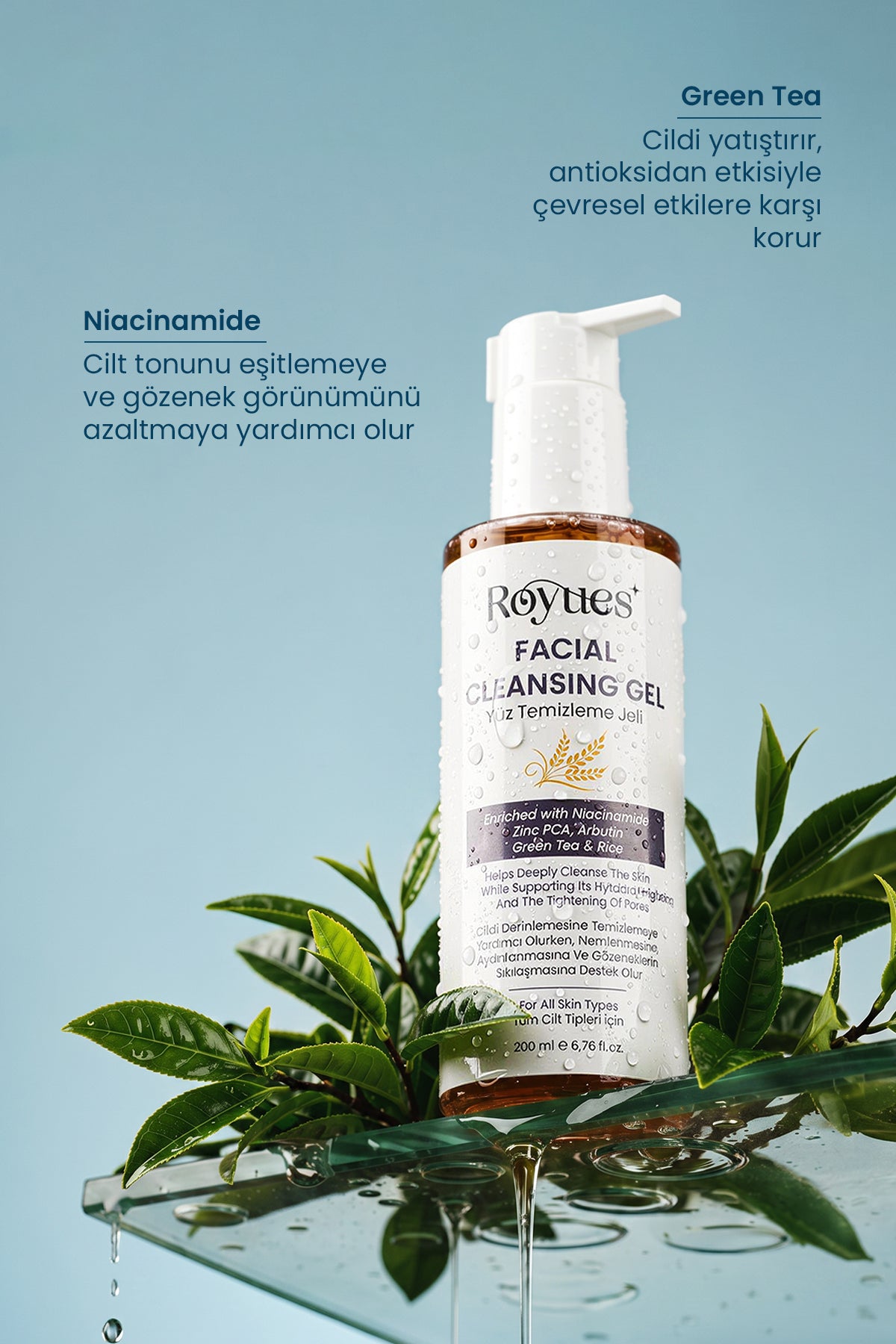 ROYUES Yeşil Çay Özlü Yüz Temizleme Jeli, Canlandırıcı, Nemlendirici, Arındırıcı, Facial Cleasing Gel 200ml