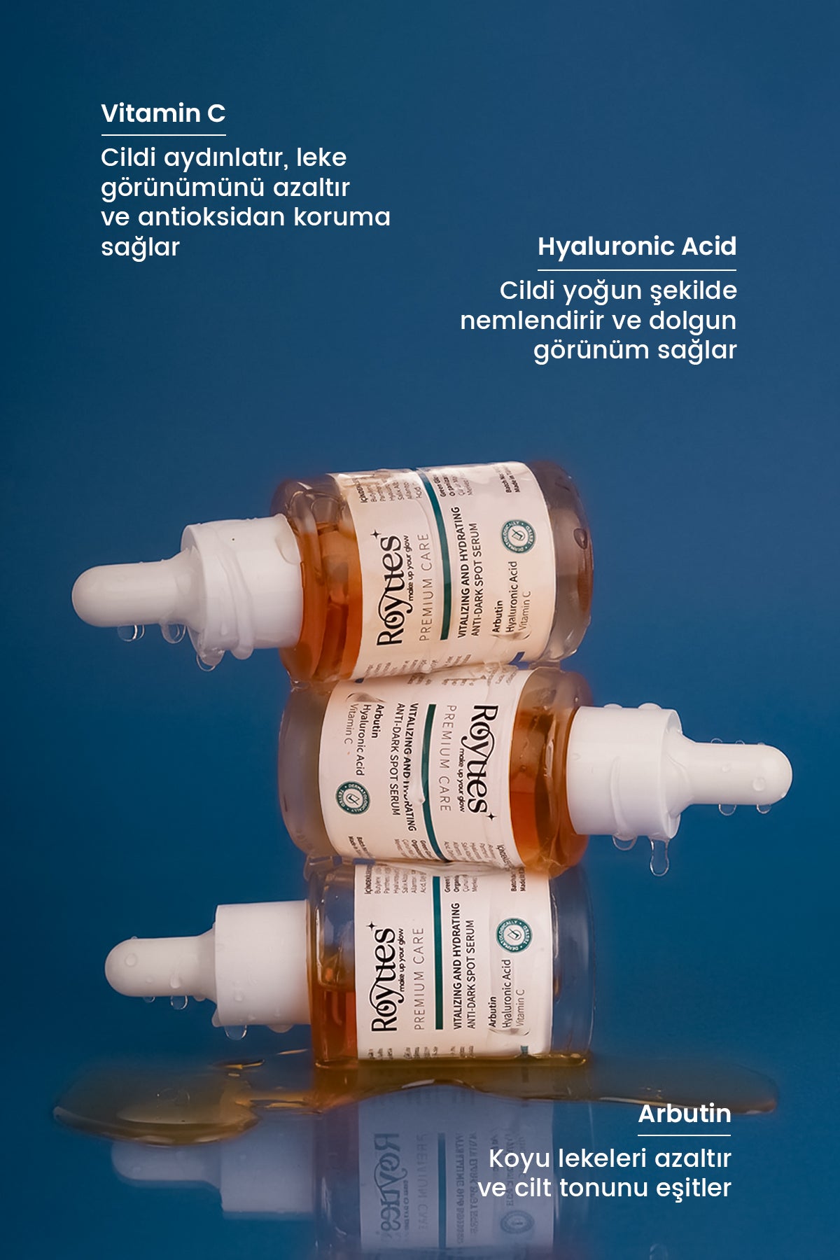 ROYUES Koyu Leke Karşıtı Arbutin Cilt Serumu, Cilt Tonu Eşitleyici (Arbutin + Hyalüronik Asit + Vitamin C)