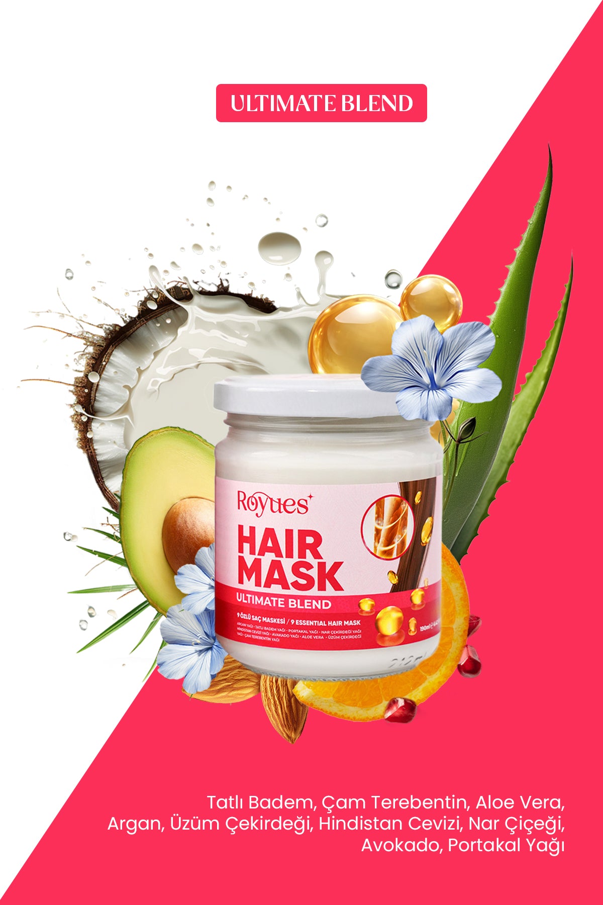 ROYUES Saç Maskesi - 9 Özlü Saç Bakım Yağı- Yıpranmış Saç Besleyici Güçlendirici