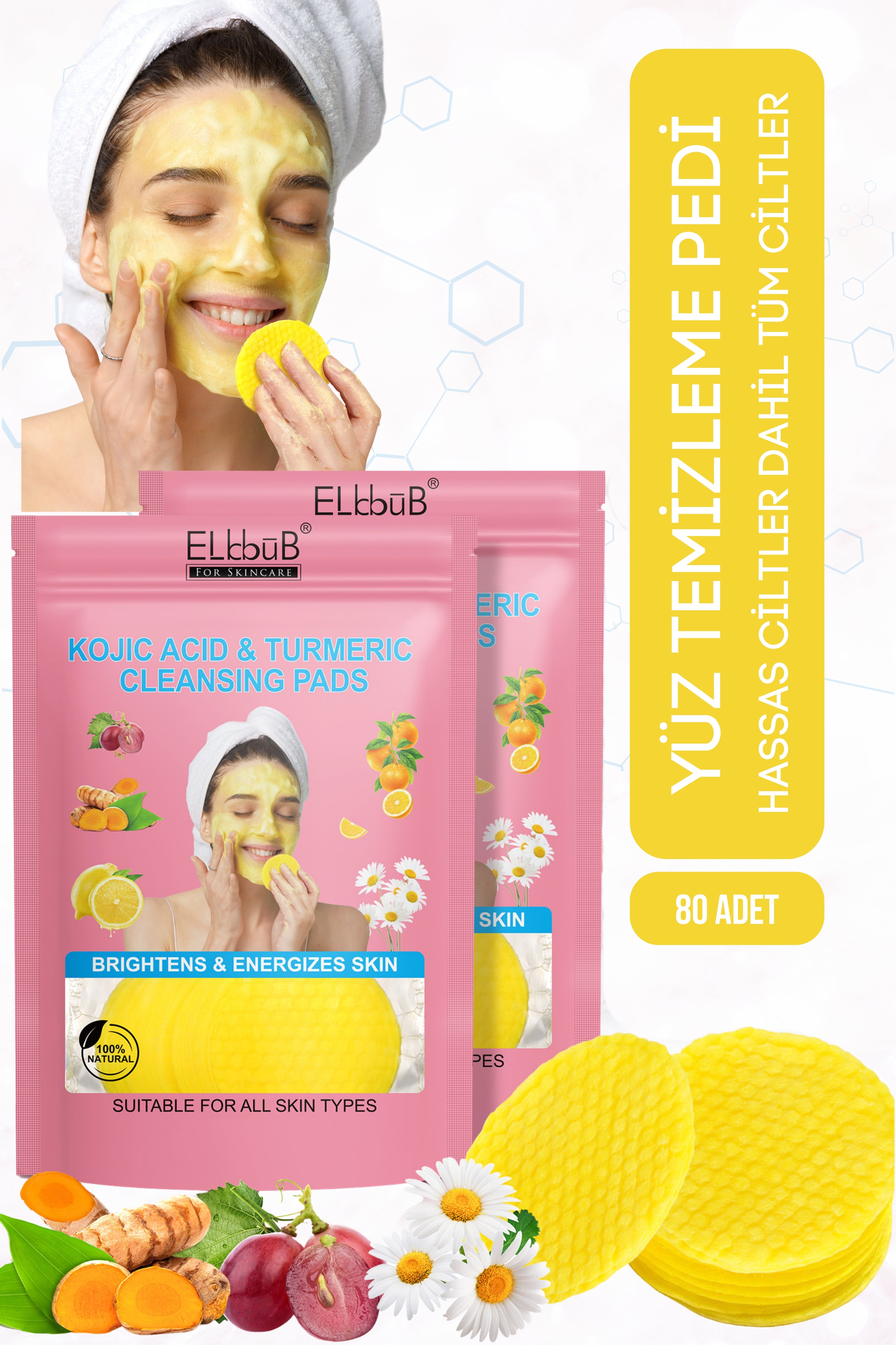 elbbub Leke Karşıtı Kojik Asit Zerdeçal Yüz Temizleme Pedi Derinlemesine Temizlik Tüm Ciltlere 2 Li 80adet