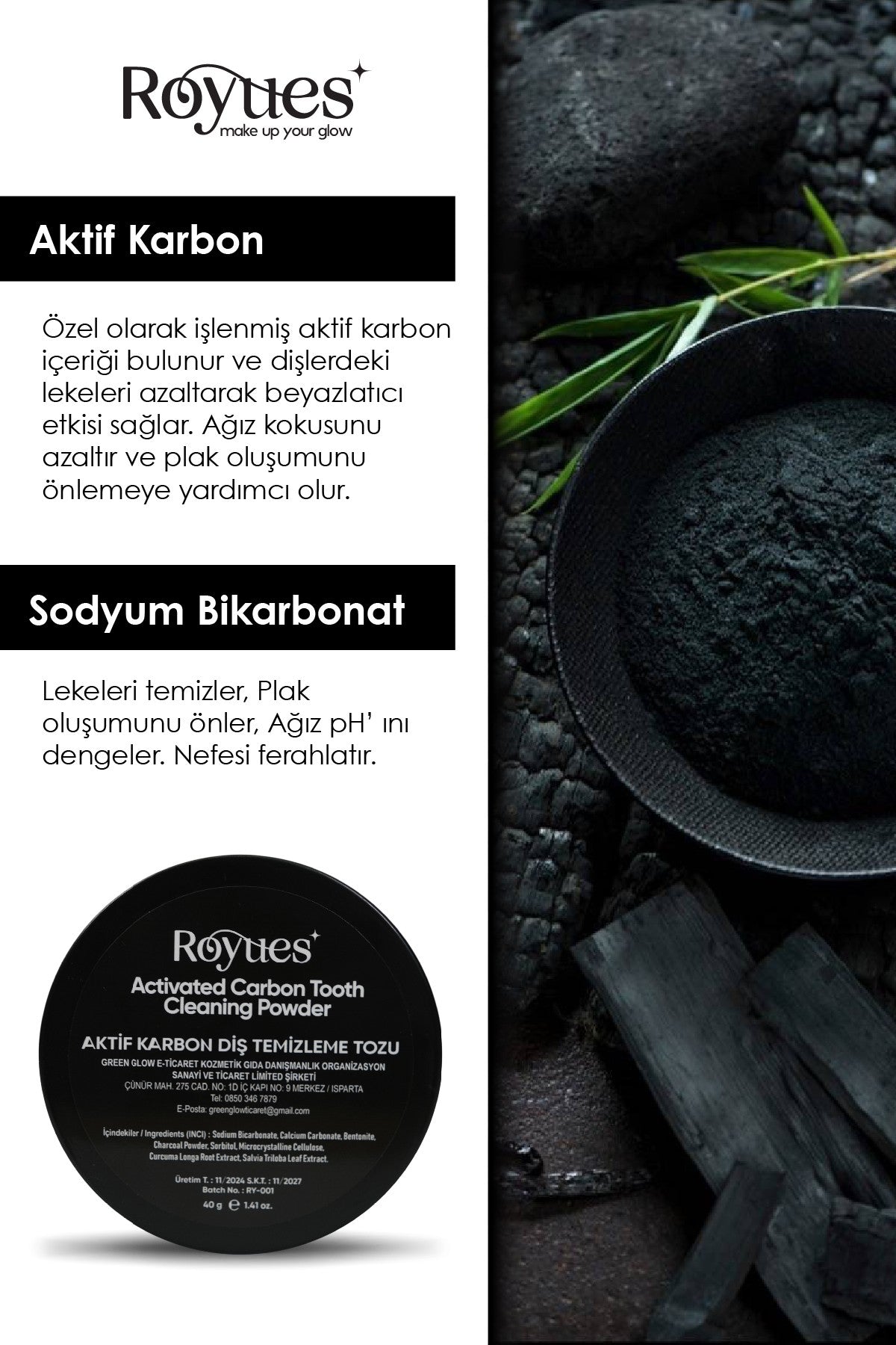 ROYUES Diş Beyazlatma Tozu - Siyah Aktif Karbon Diş Tozu - Activated Teeth Whitening Powder