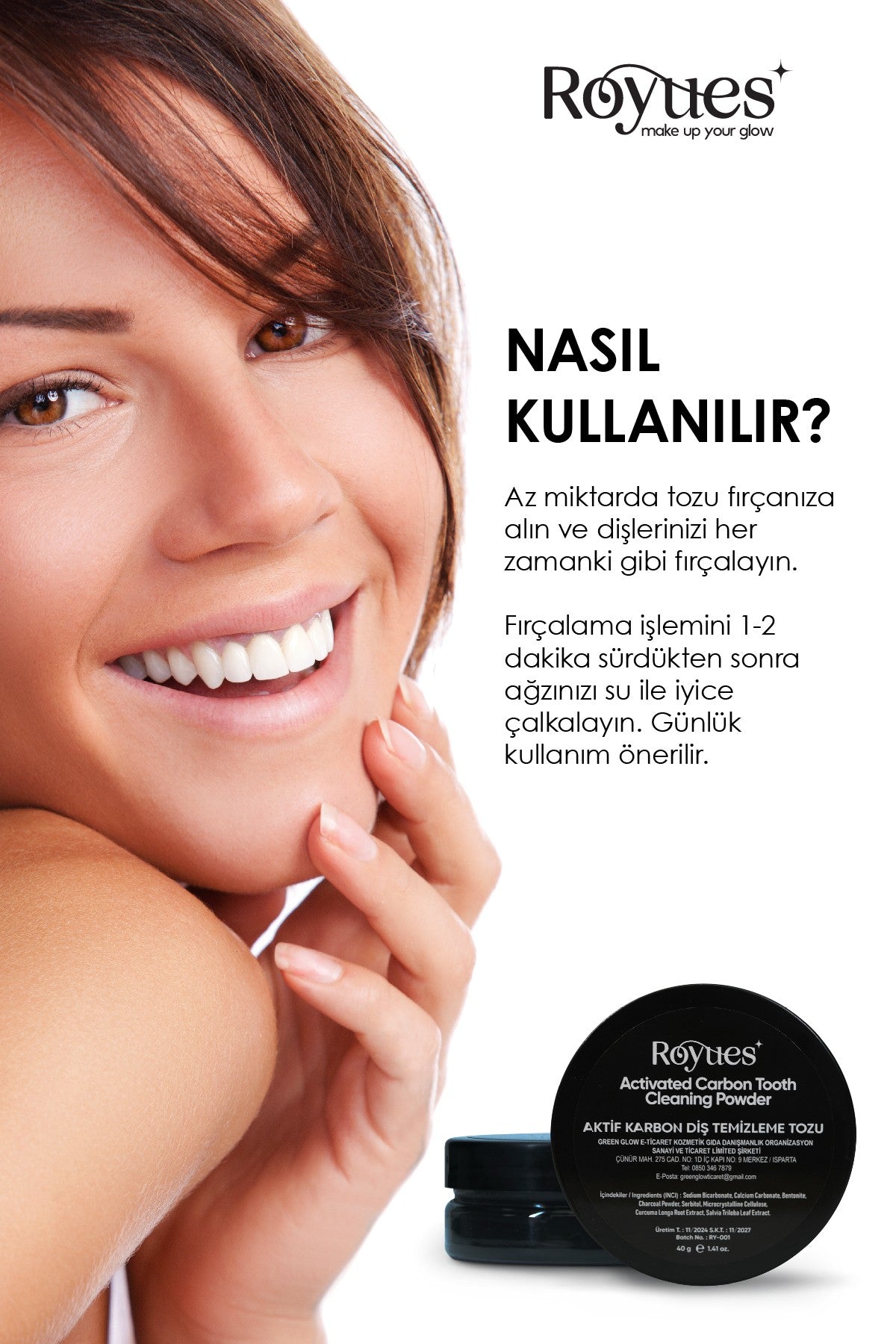 ROYUES Diş Beyazlatma Tozu - Siyah Aktif Karbon Diş Tozu - Activated Teeth Whitening Powder