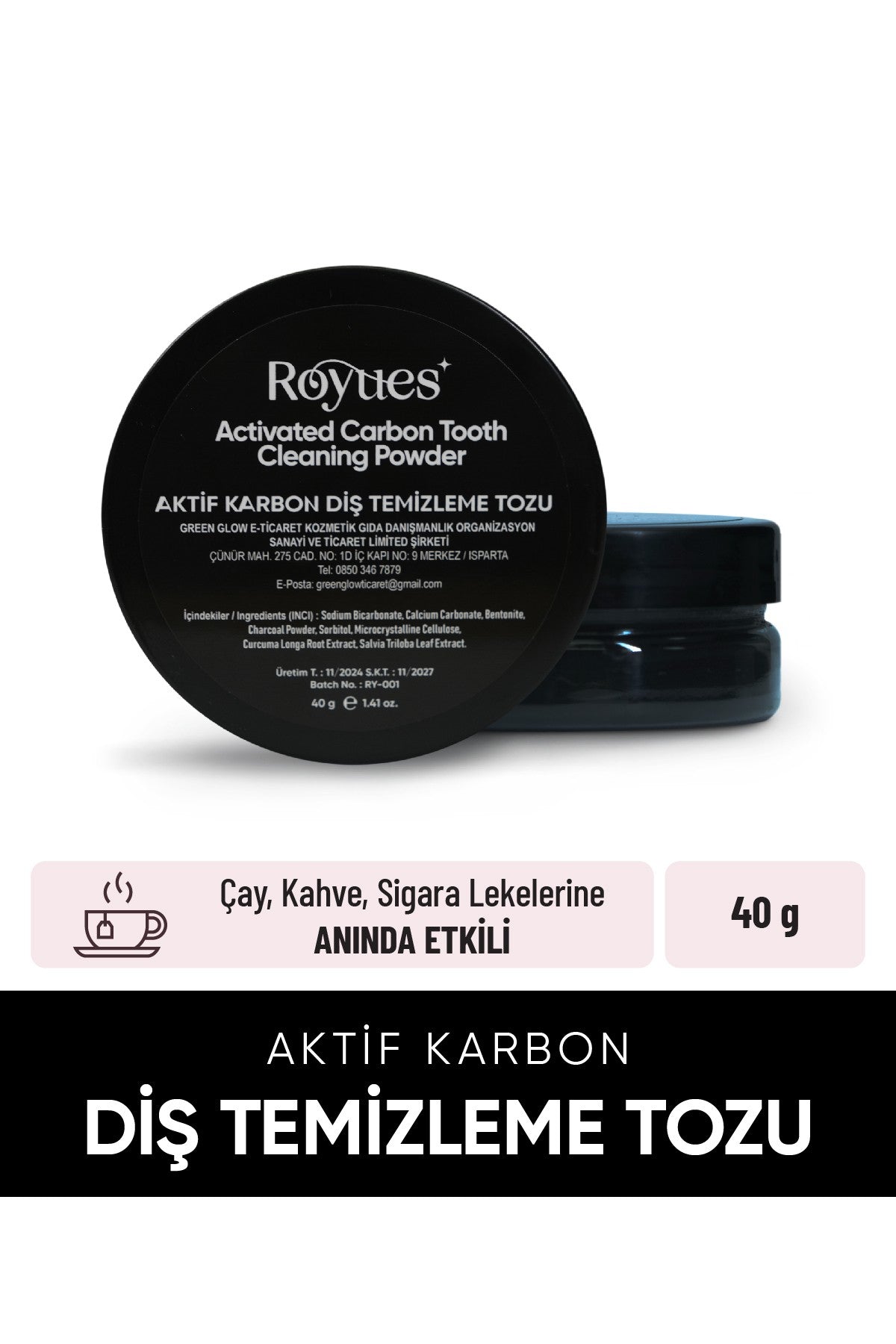 ROYUES Diş Beyazlatma Tozu - Siyah Aktif Karbon Diş Tozu - Activated Teeth Whitening Powder