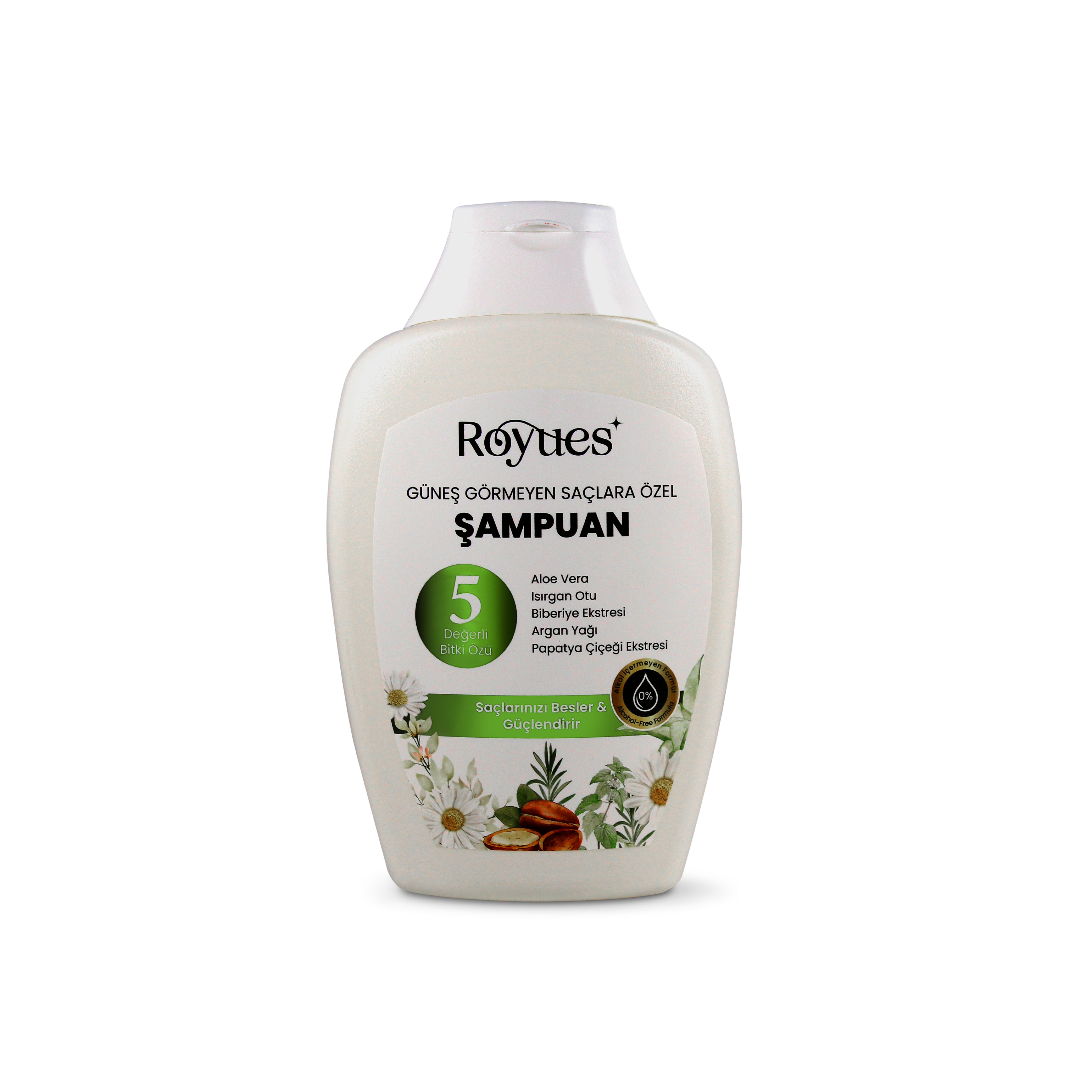 ROYUES Argan Yağlı Besleyici Sülfatsız Şampuan - Güneş Görmeyen Saçlar İçin Şampuan - 5 Bitki Özlü