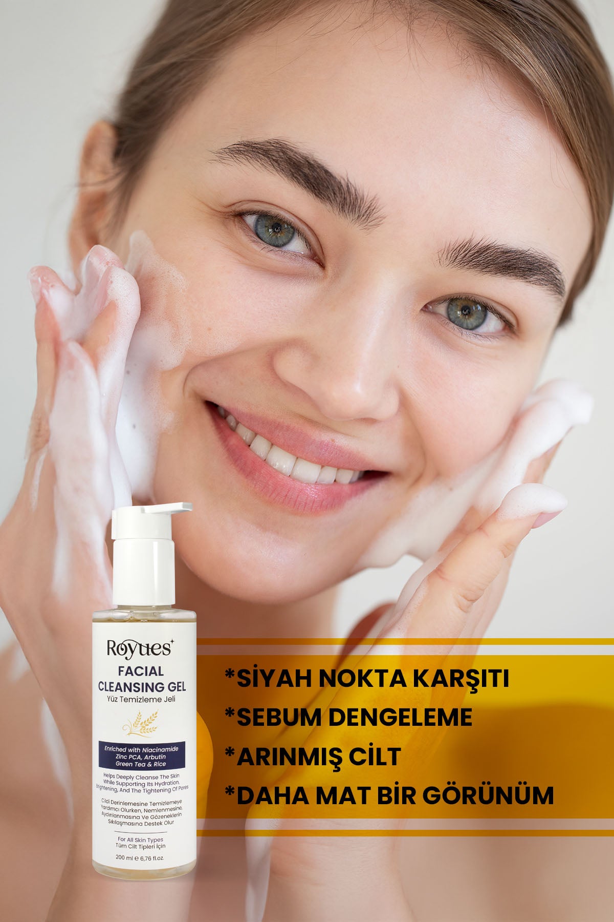 ROYUES Yeşil Çay Özlü Yüz Temizleme Jeli, Canlandırıcı, Nemlendirici, Arındırıcı, Facial Cleasing Gel 200ml