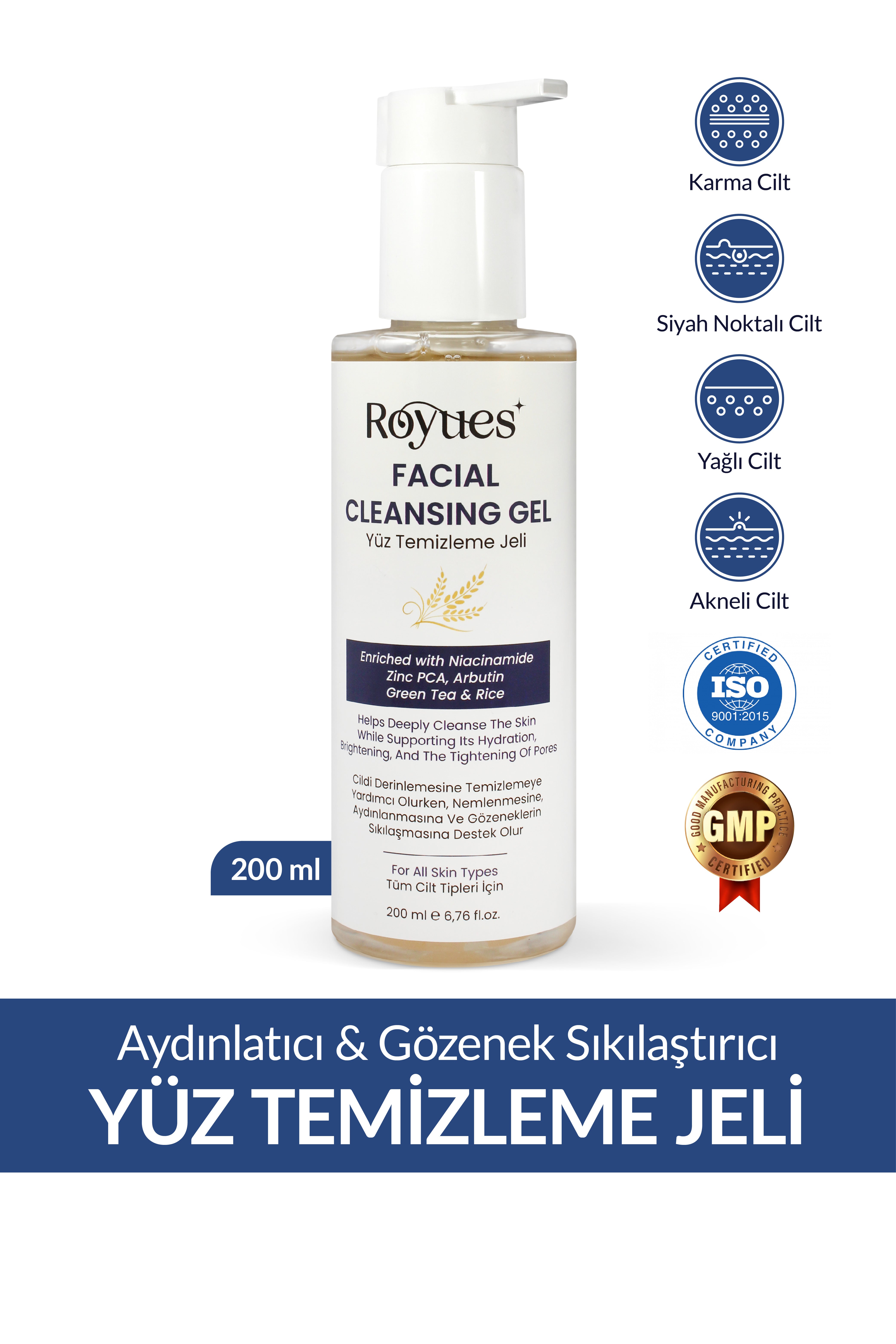 ROYUES Yeşil Çay Özlü Yüz Temizleme Jeli, Canlandırıcı, Nemlendirici, Arındırıcı, Facial Cleasing Gel 200ml